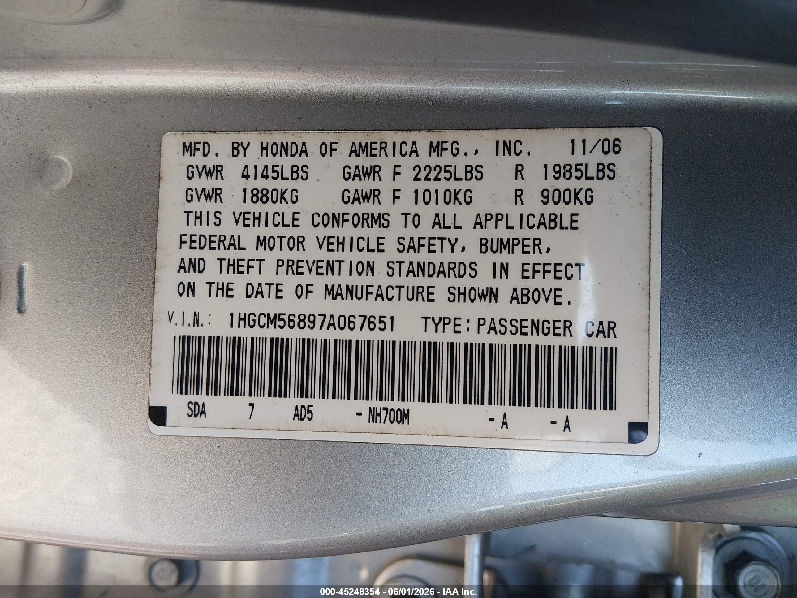 2007 Honda Accord 2.4 Ex Silver vin: 1HGCM56897A067651