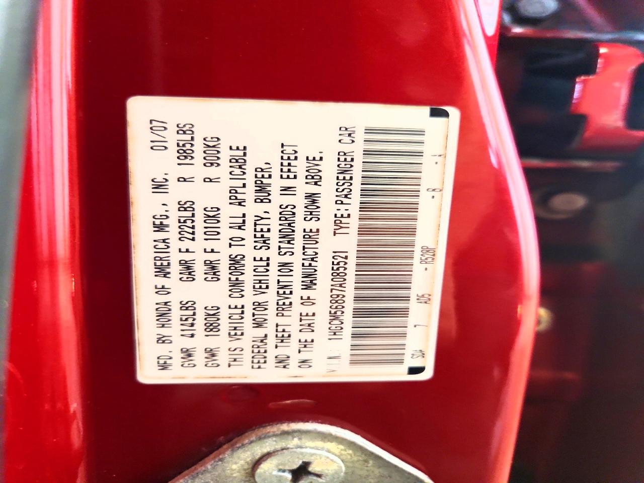 2007 Honda Accord Ex Red vin: 1HGCM56897A085521