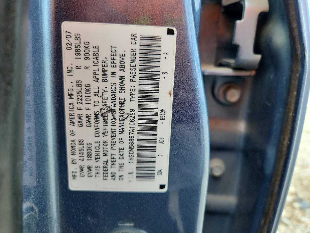 2007 Honda Accord Blue vin: 1HGCM56897A106299