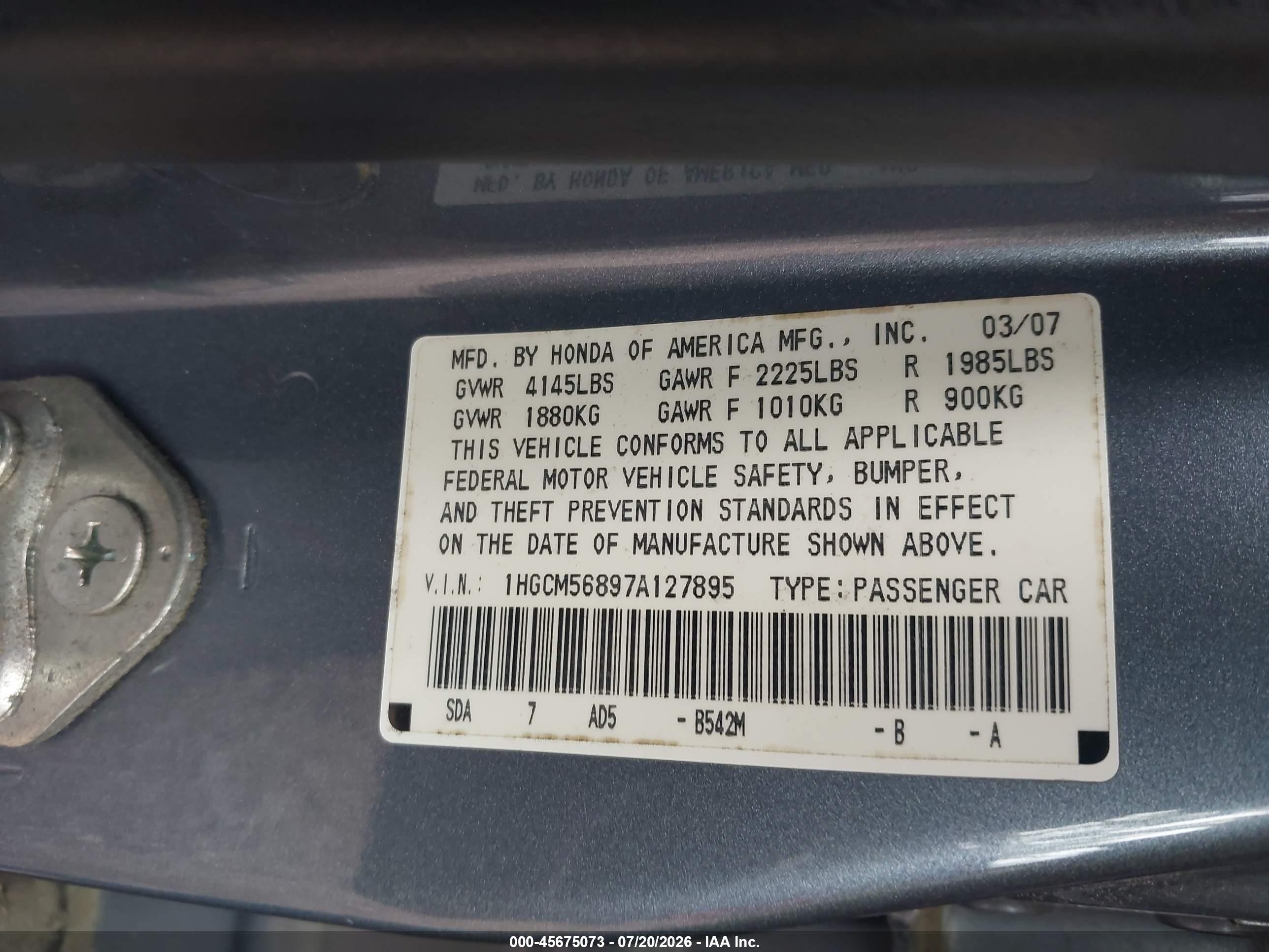 2007 Honda Accord 2.4 Ex Gray vin: 1HGCM56897A127895