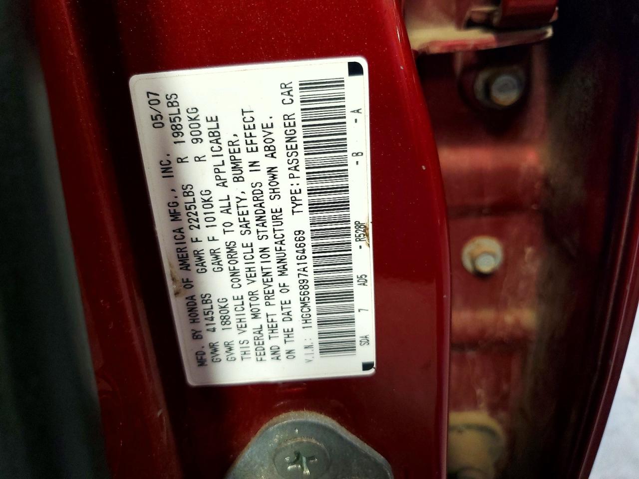 2007 Honda Accord Ex Burgundy vin: 1HGCM56897A164669