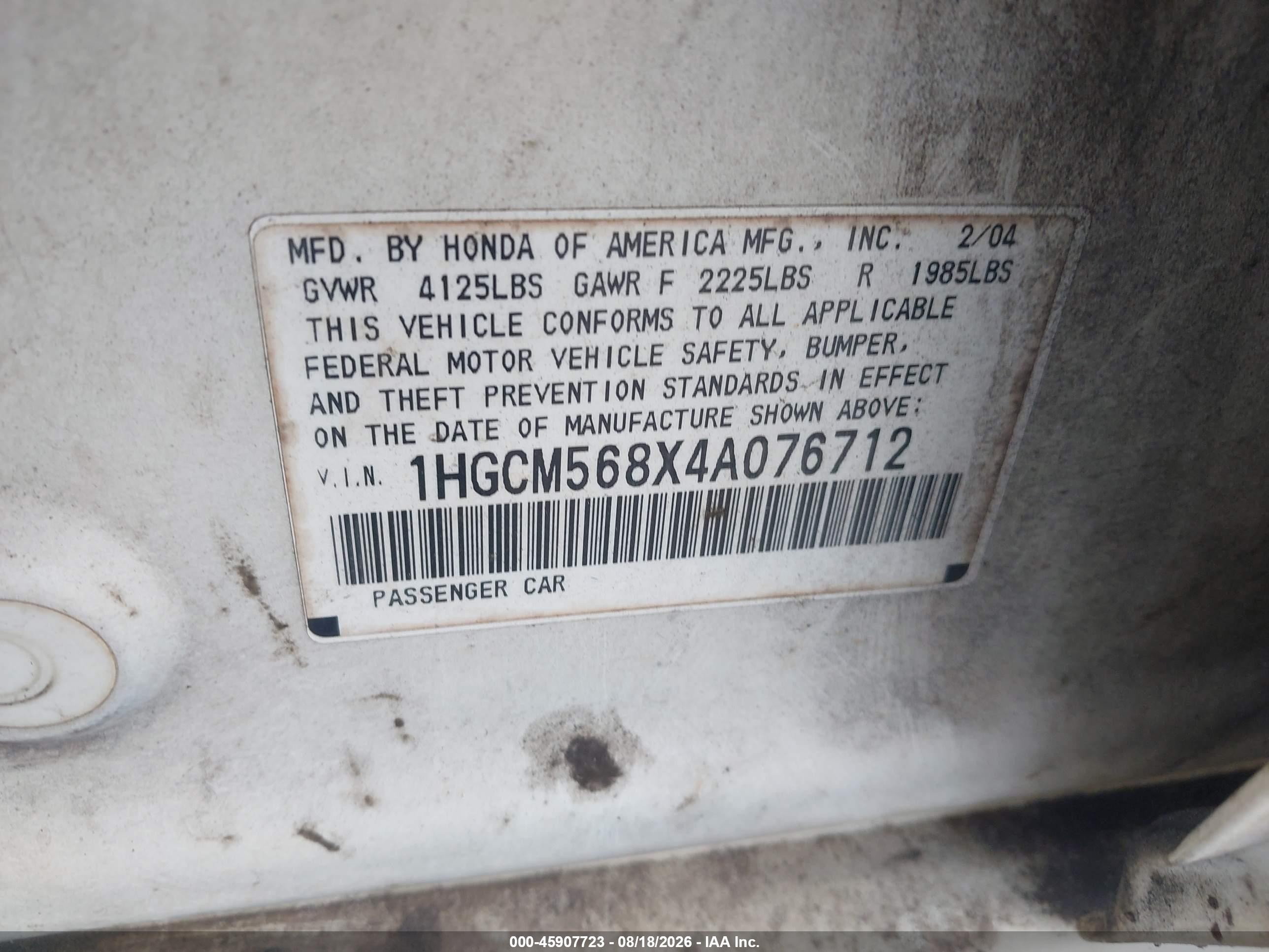 2004 Honda Accord 2.4 Ex White vin: 1HGCM568X4A076712