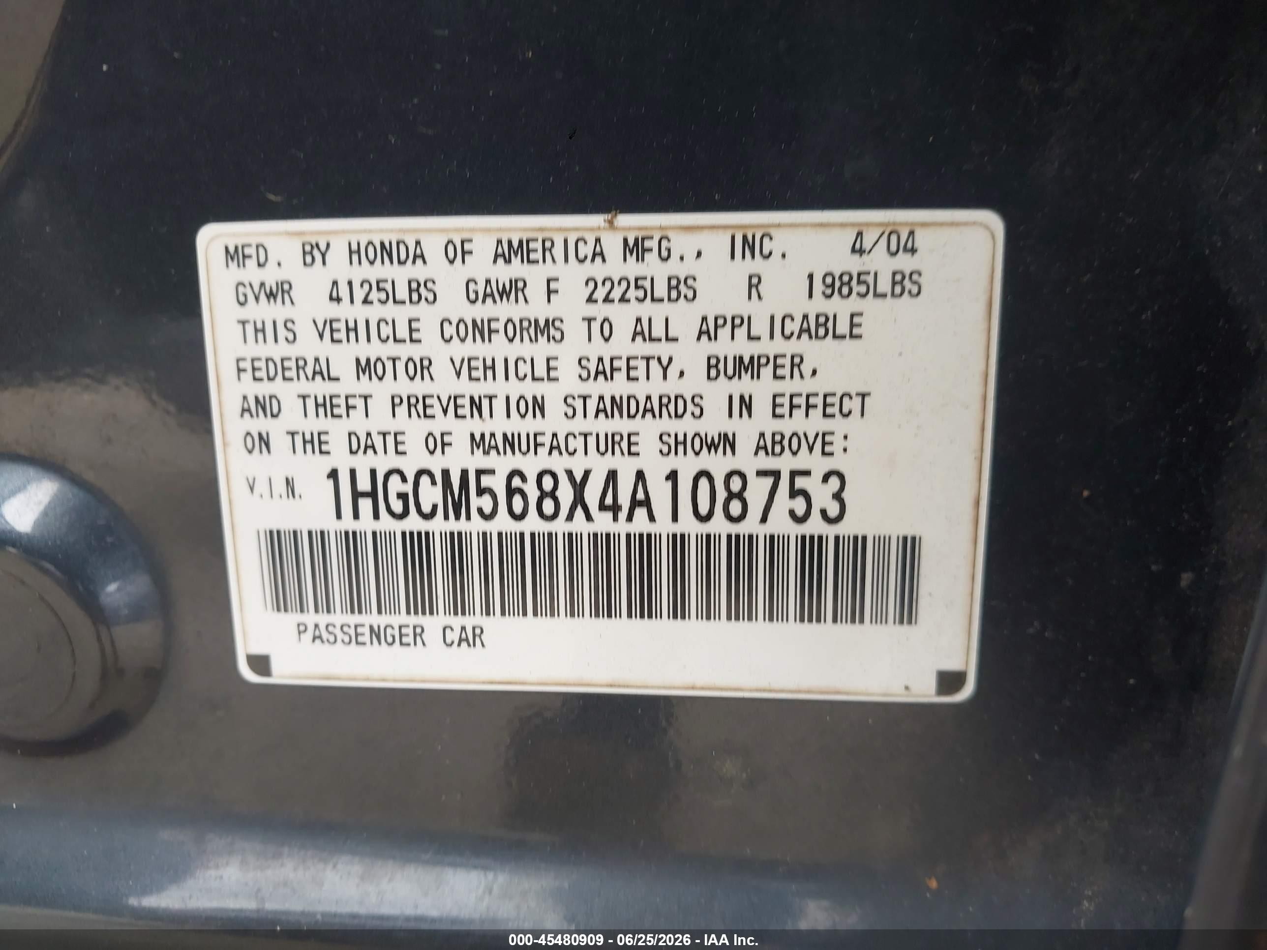 2004 Honda Accord 2.4 Ex Серый vin: 1HGCM568X4A108753