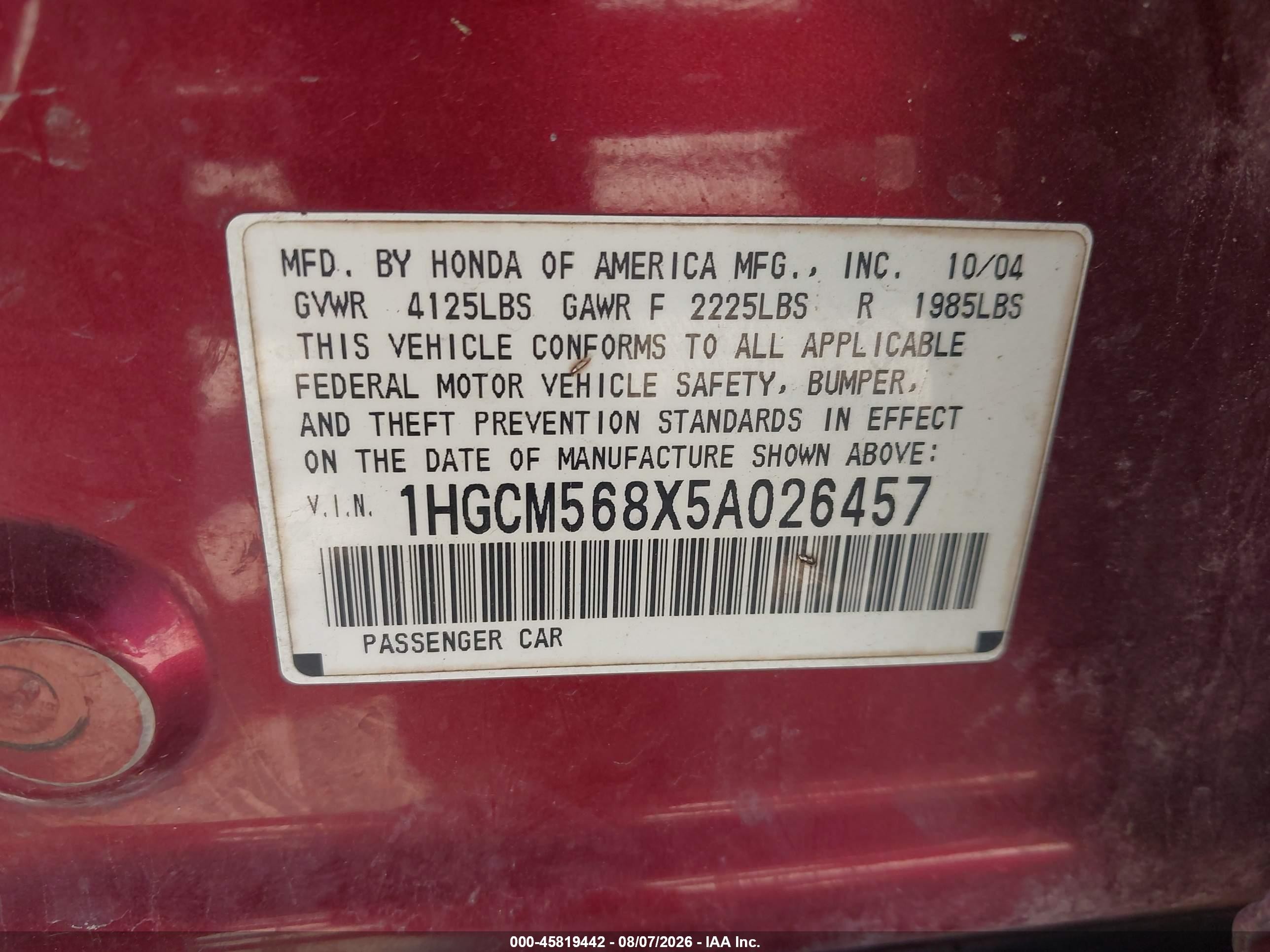 2005 Honda Accord 2.4 Ex Red vin: 1HGCM568X5A026457