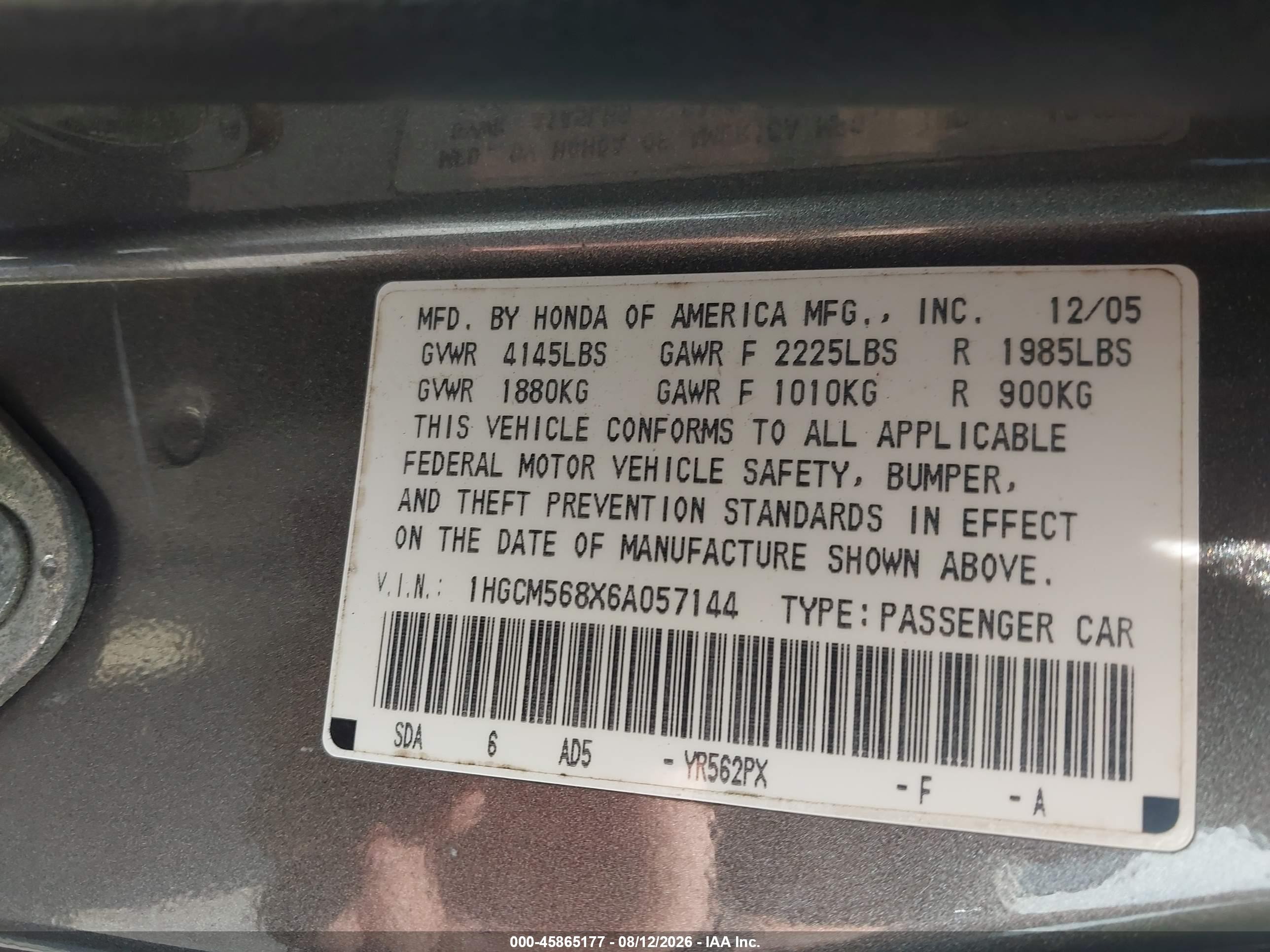 2006 Honda Accord 2.4 Ex Gray vin: 1HGCM568X6A057144