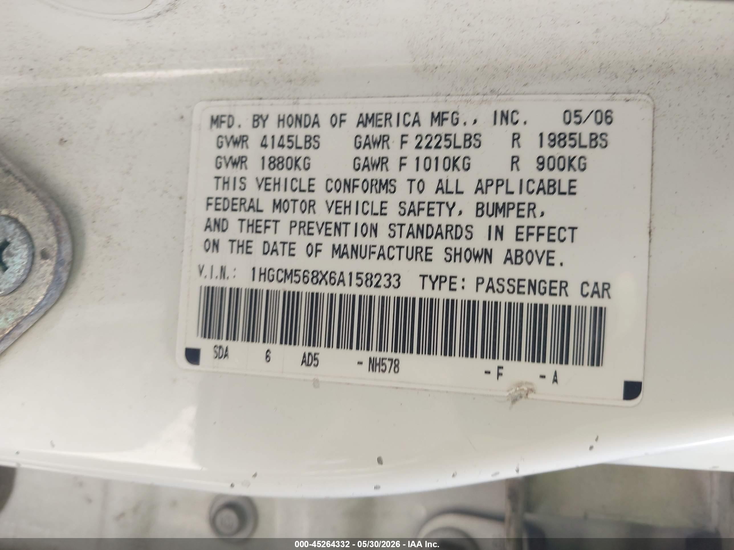 2006 Honda Accord 2.4 Ex White vin: 1HGCM568X6A158233