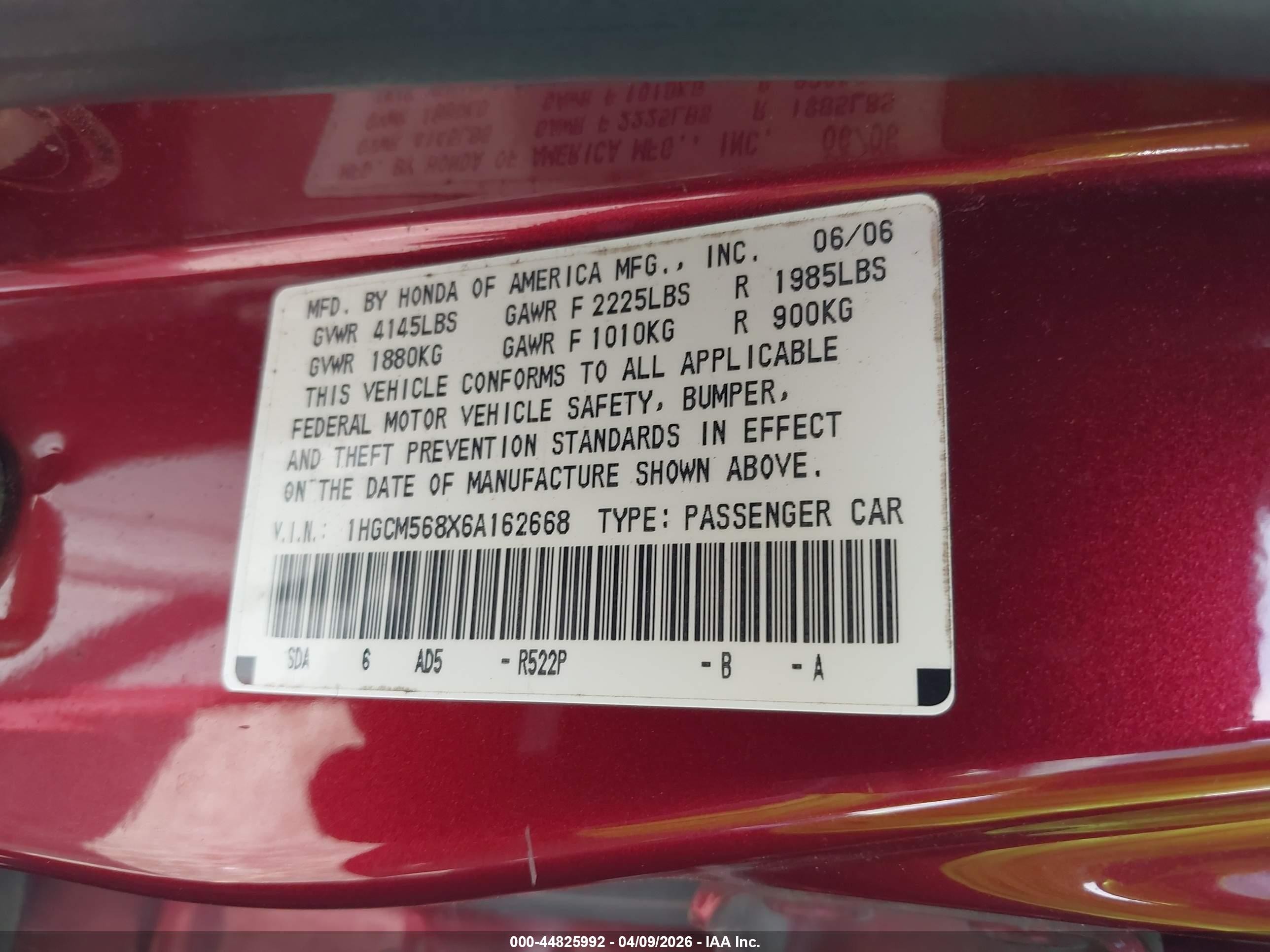 2006 Honda Accord 2.4 Ex Burgundy vin: 1HGCM568X6A162668