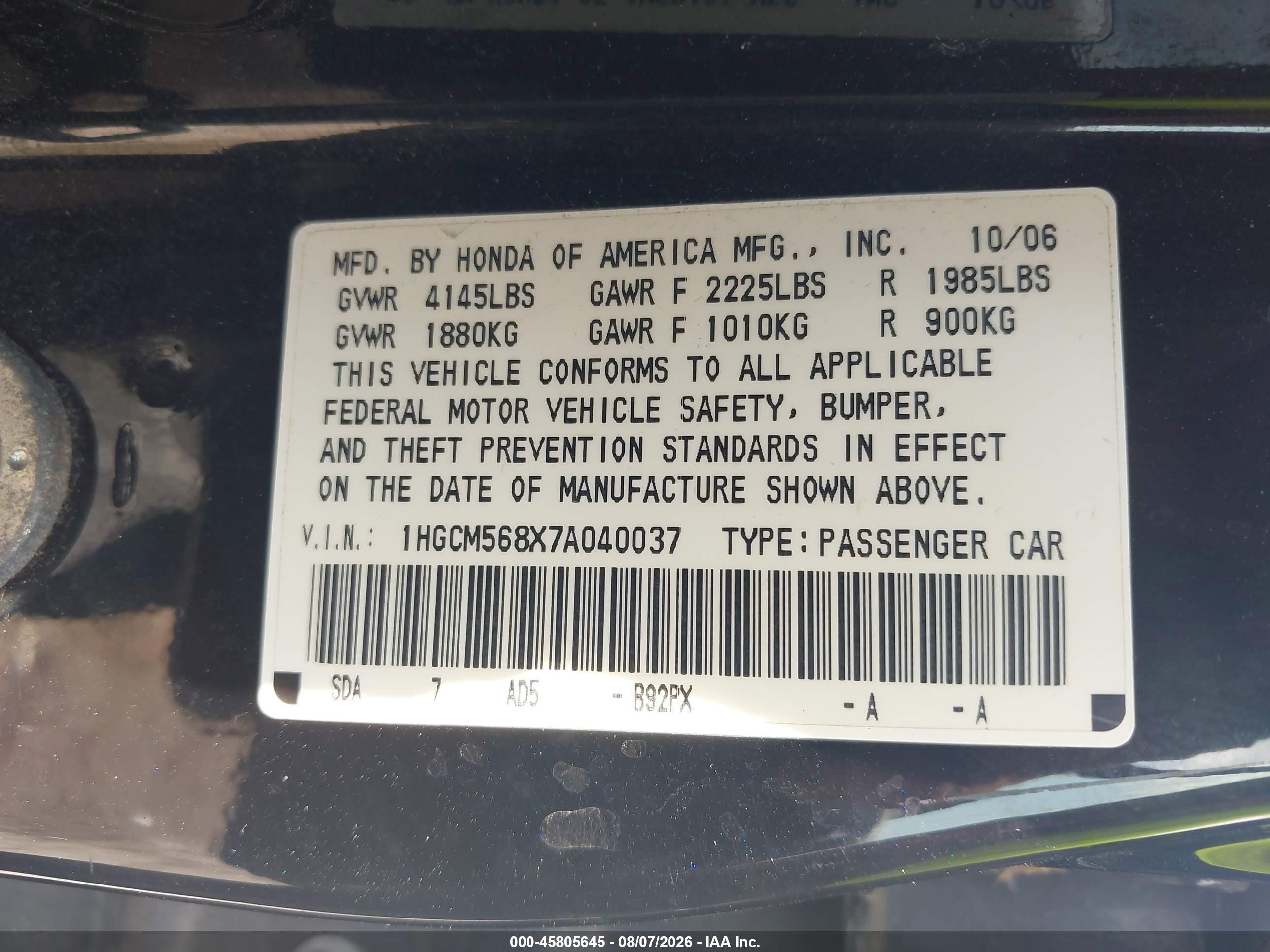2007 Honda Accord 2.4 Ex Black vin: 1HGCM568X7A040037