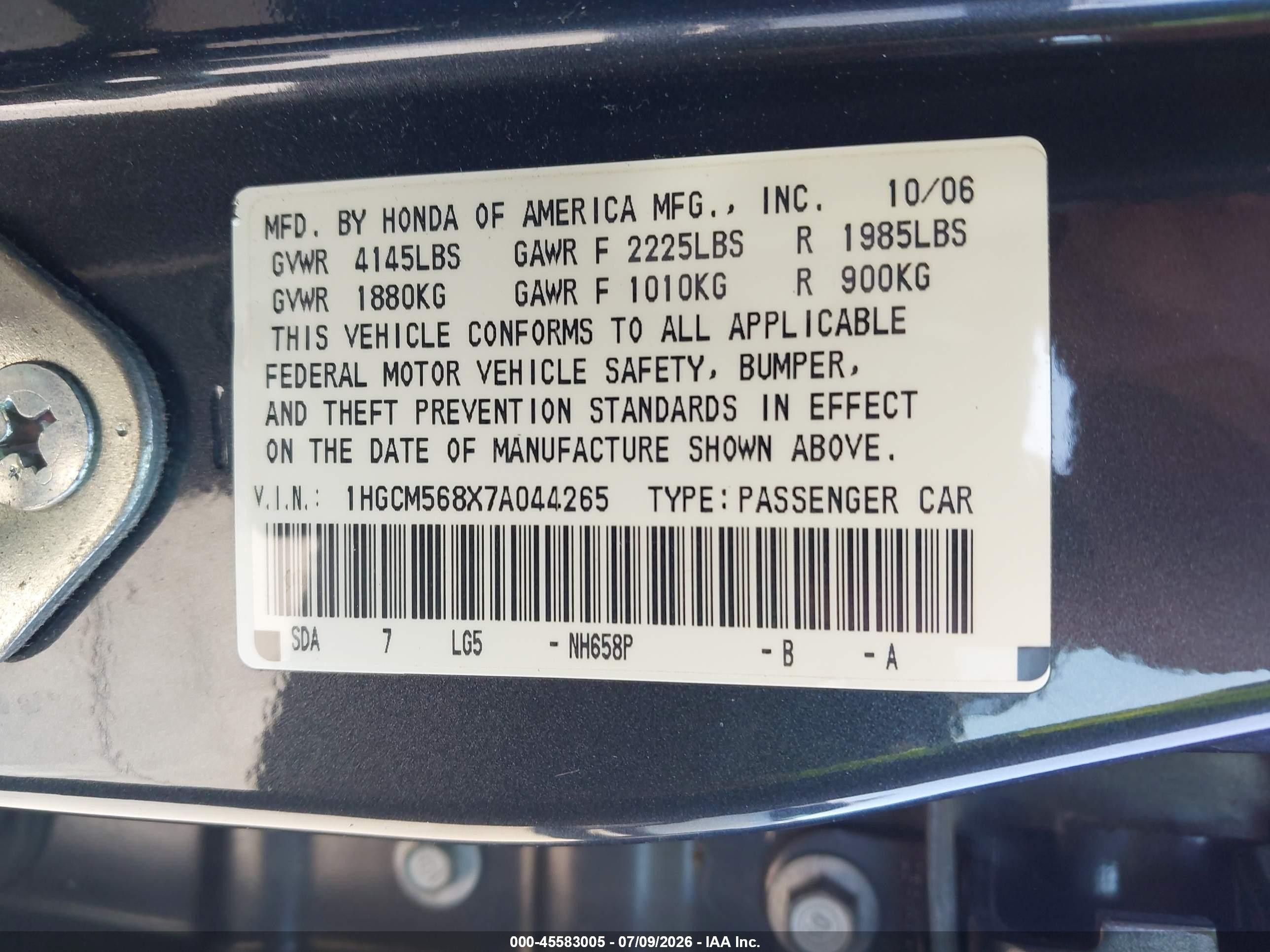 2007 Honda Accord 2.4 Ex Серый vin: 1HGCM568X7A044265