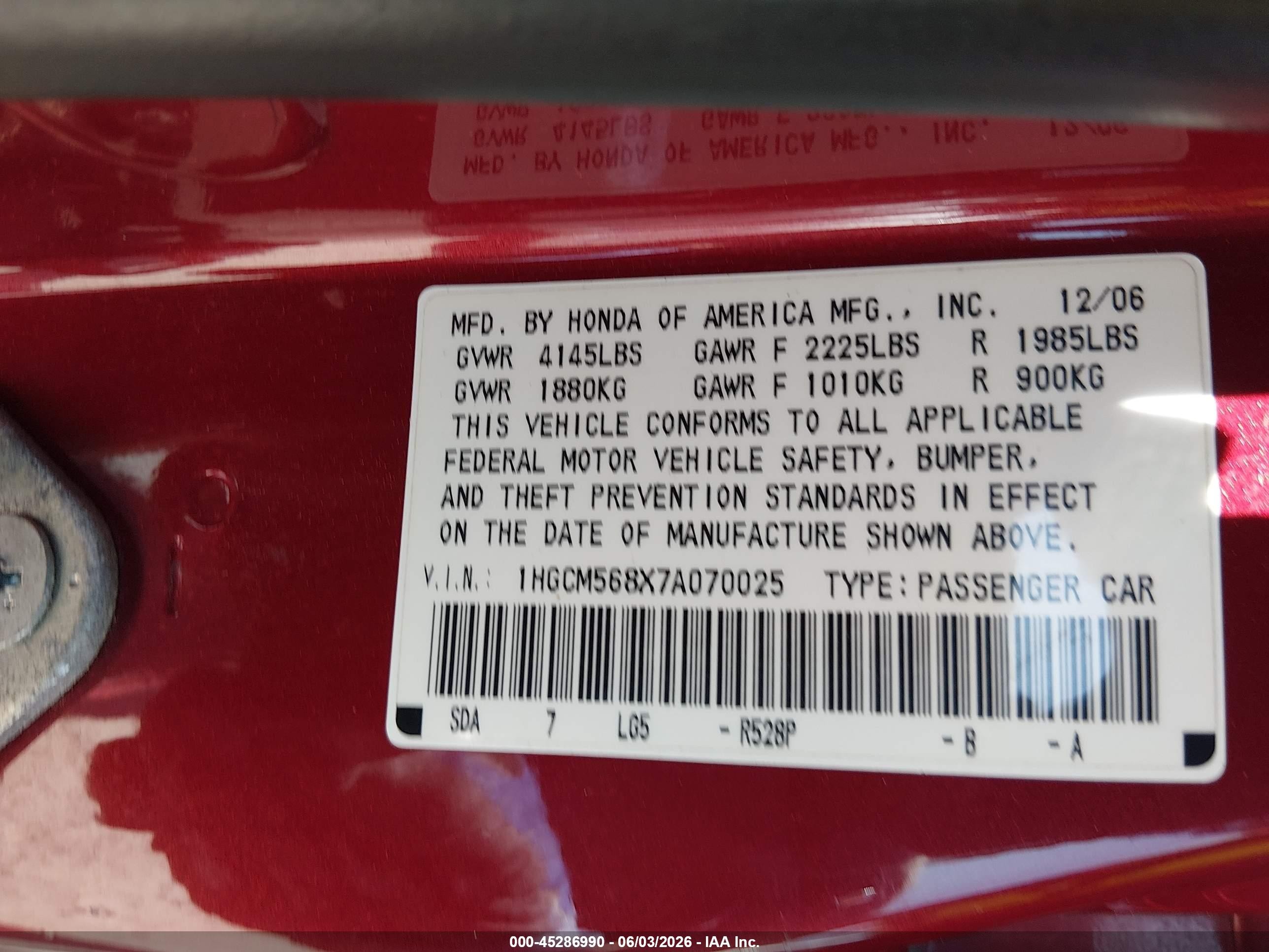 2007 Honda Accord 2.4 Ex Red vin: 1HGCM568X7A070025