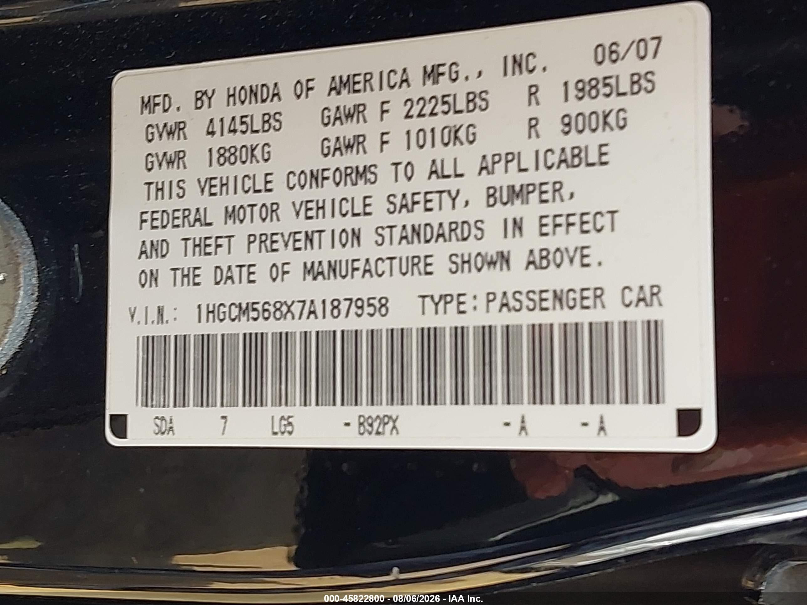 2007 Honda Accord 2.4 Ex Black vin: 1HGCM568X7A187958