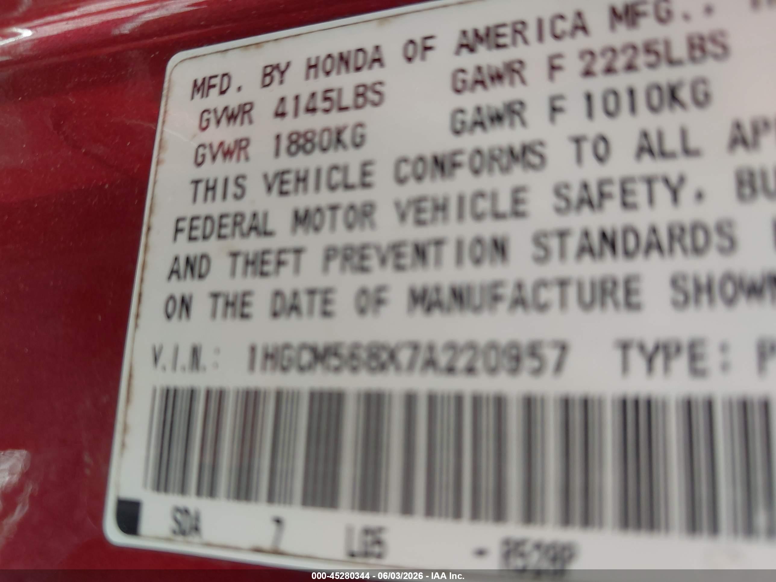 2007 Honda Accord 2.4 Ex Красный vin: 1HGCM568X7A220957