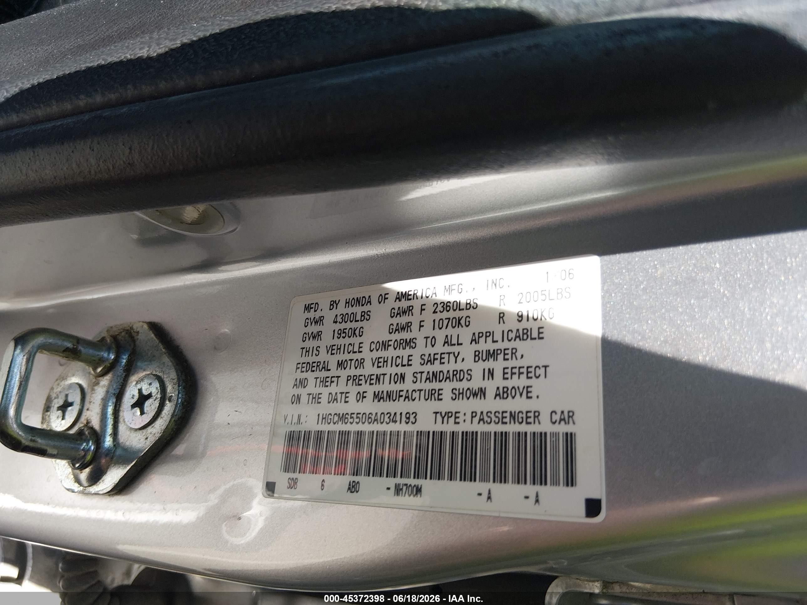 2006 Honda Accord 3.0 Ex Silver vin: 1HGCM65506A034193