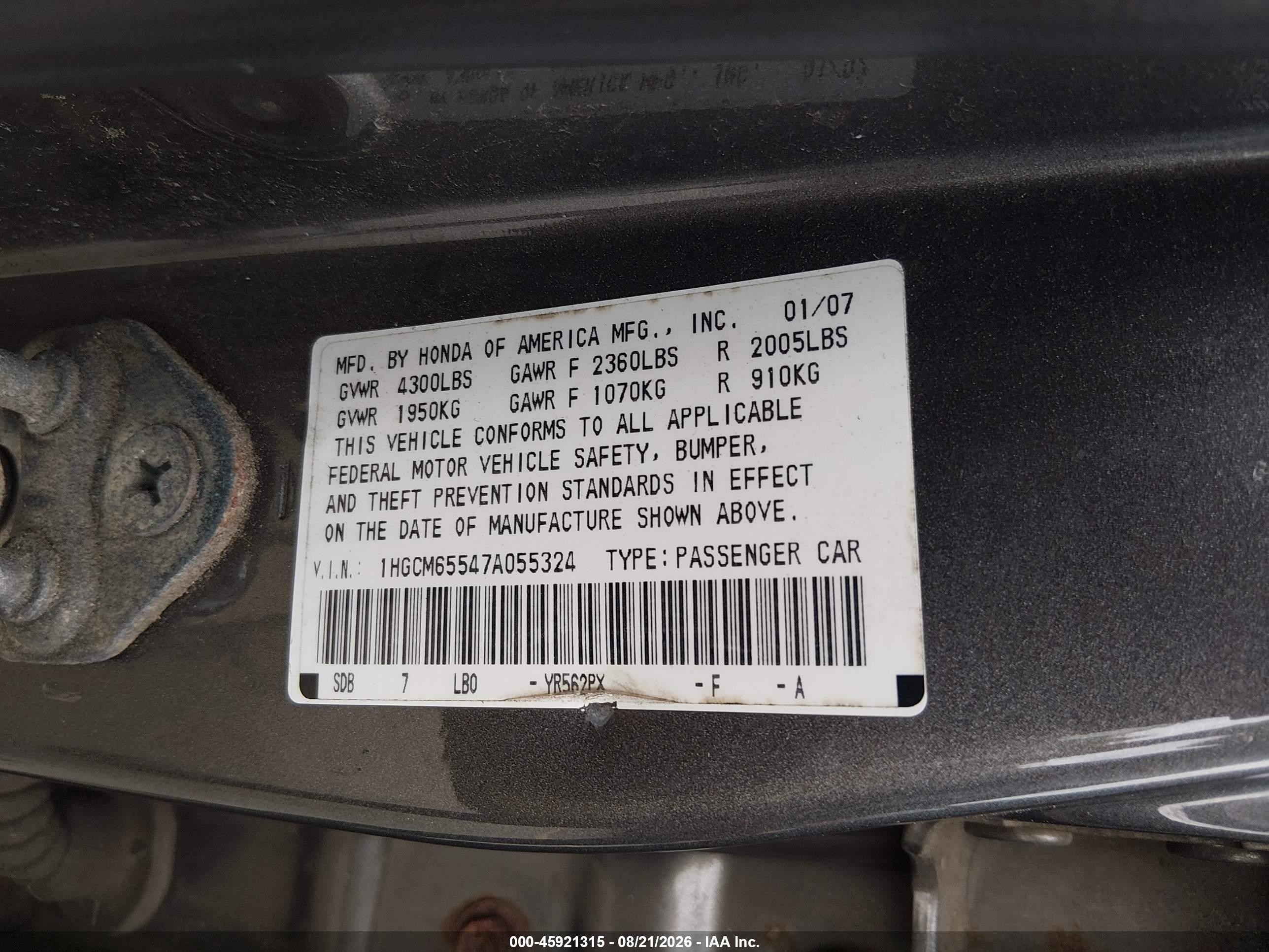 2007 Honda Accord 3.0 Ex Серый vin: 1HGCM65547A055324