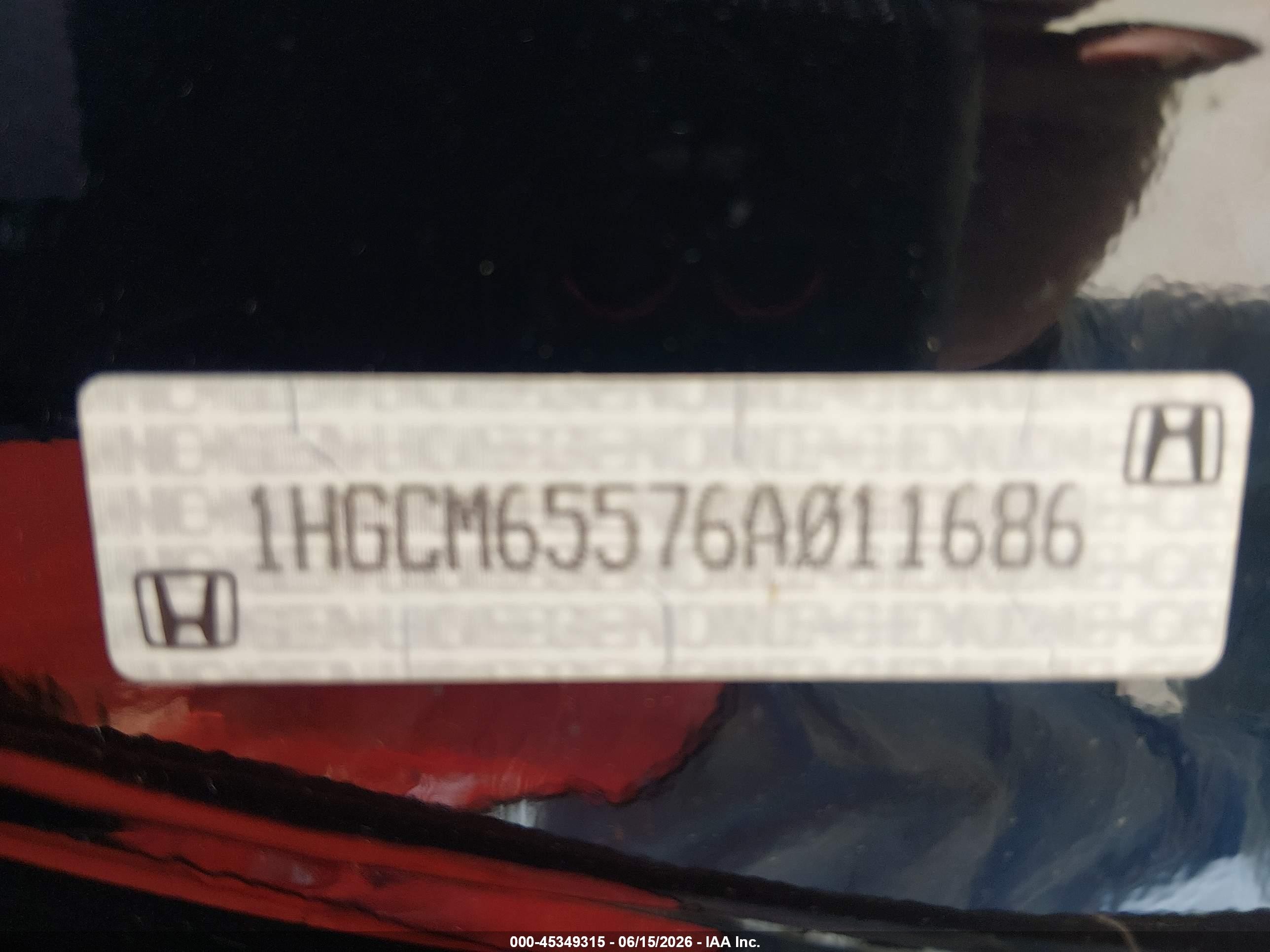 2006 Honda Accord 3.0 Ex Black vin: 1HGCM65576A011686