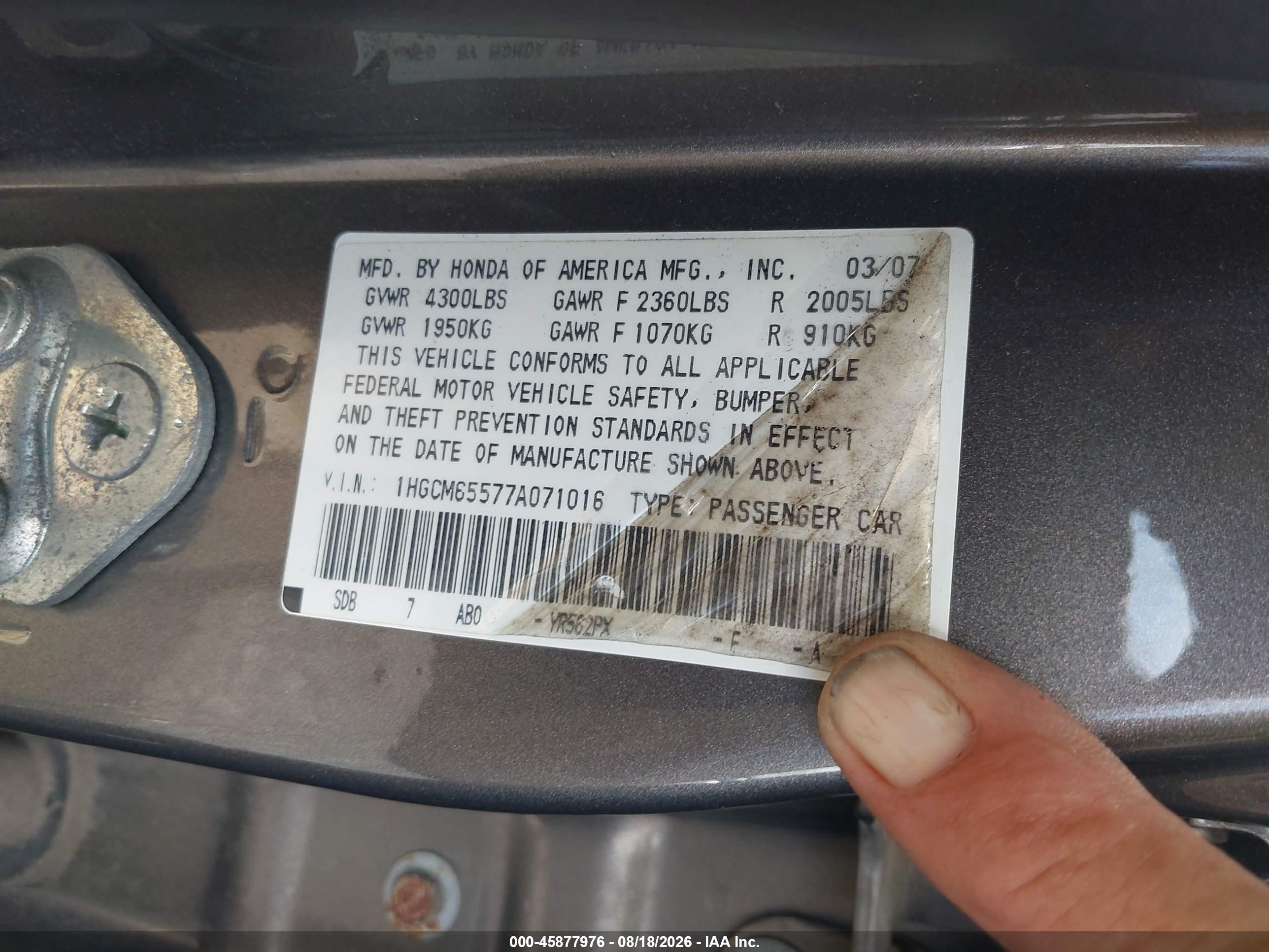 2007 Honda Accord 3.0 Ex Серый vin: 1HGCM65577A071016