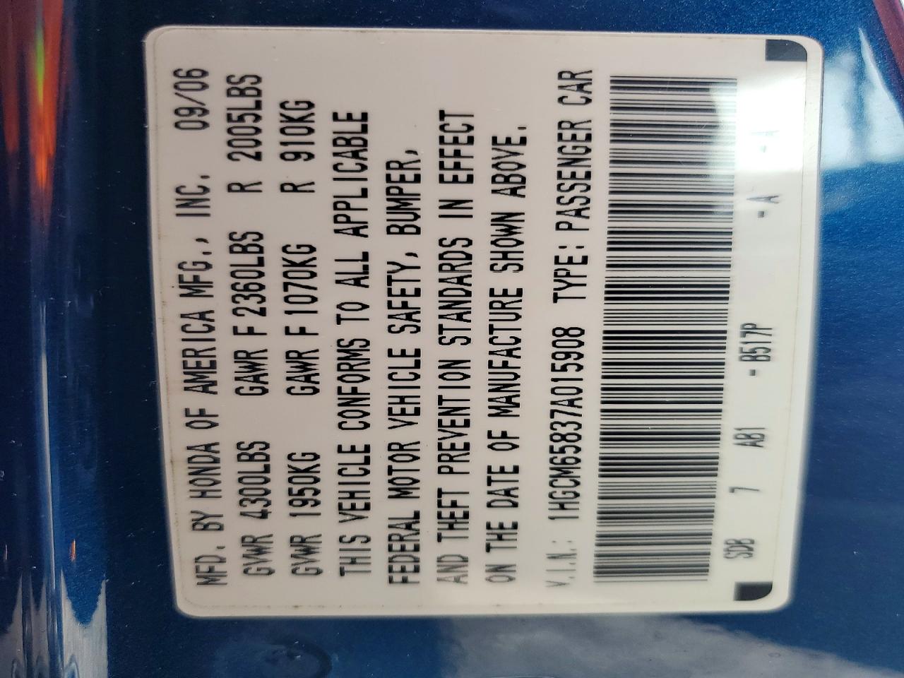2007 Honda Accord Ex Blue vin: 1HGCM65837A015908