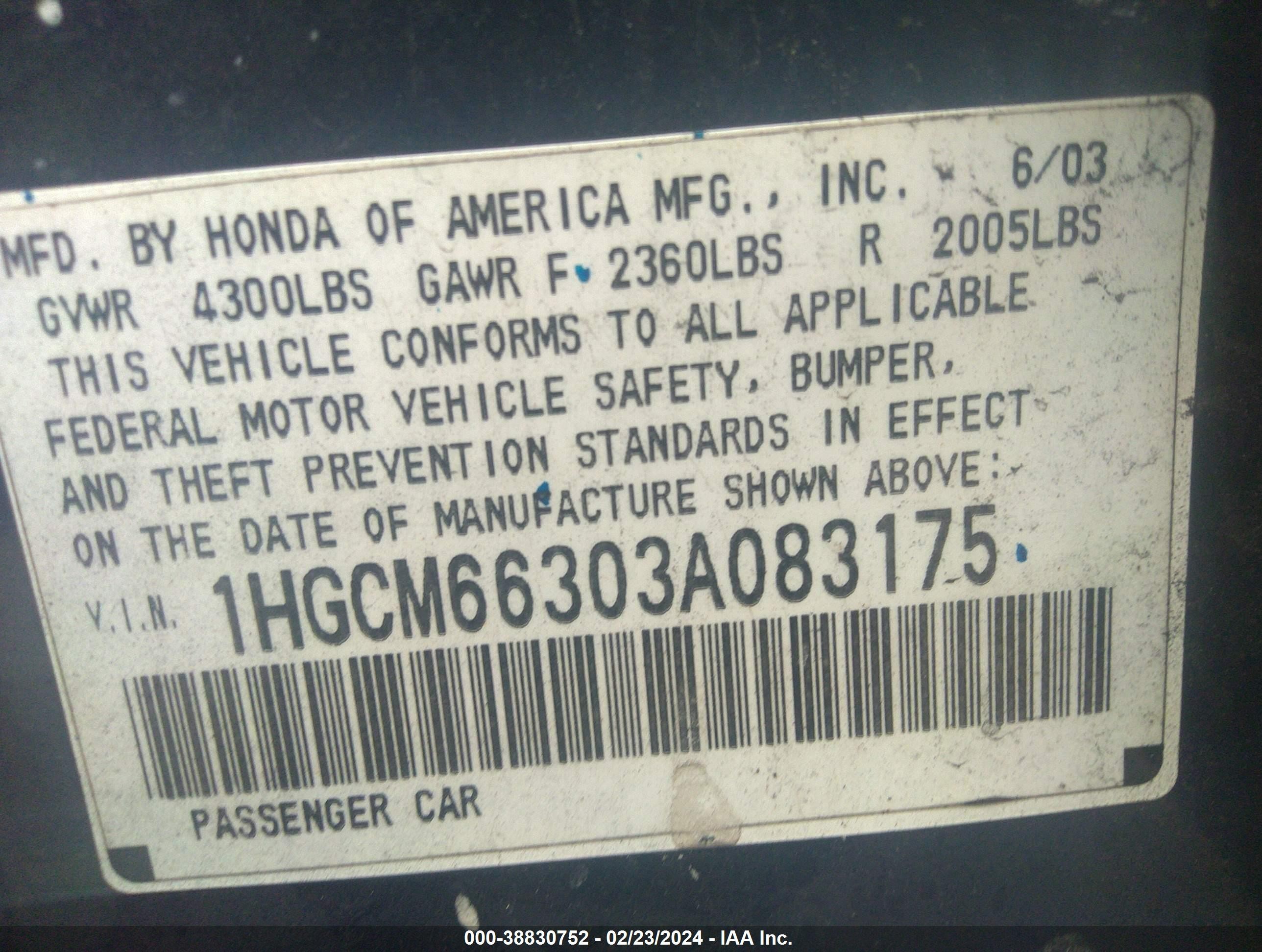 2003 Honda Accord 3.0 Lx Blue vin: 1HGCM66303A083175