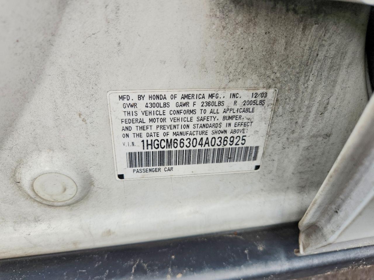 2004 Honda Accord Lx Белый vin: 1HGCM66304A036925