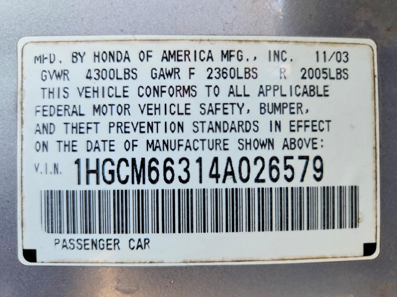2004 Honda Accord Lx Silver vin: 1HGCM66314A026579