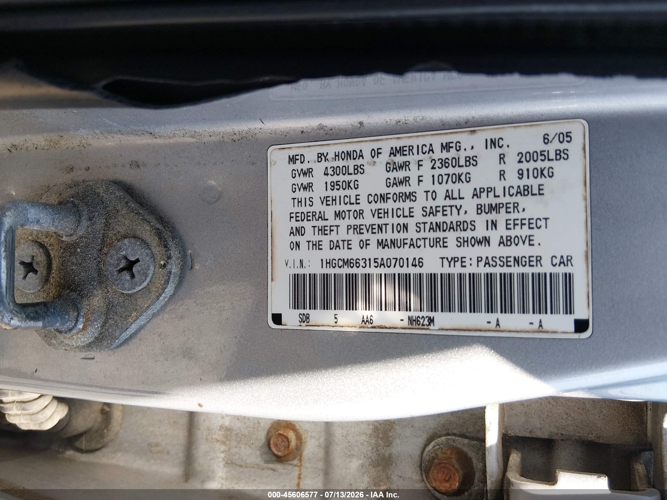 2005 Honda Accord 3.0 Lx Silver vin: 1HGCM66315A070146