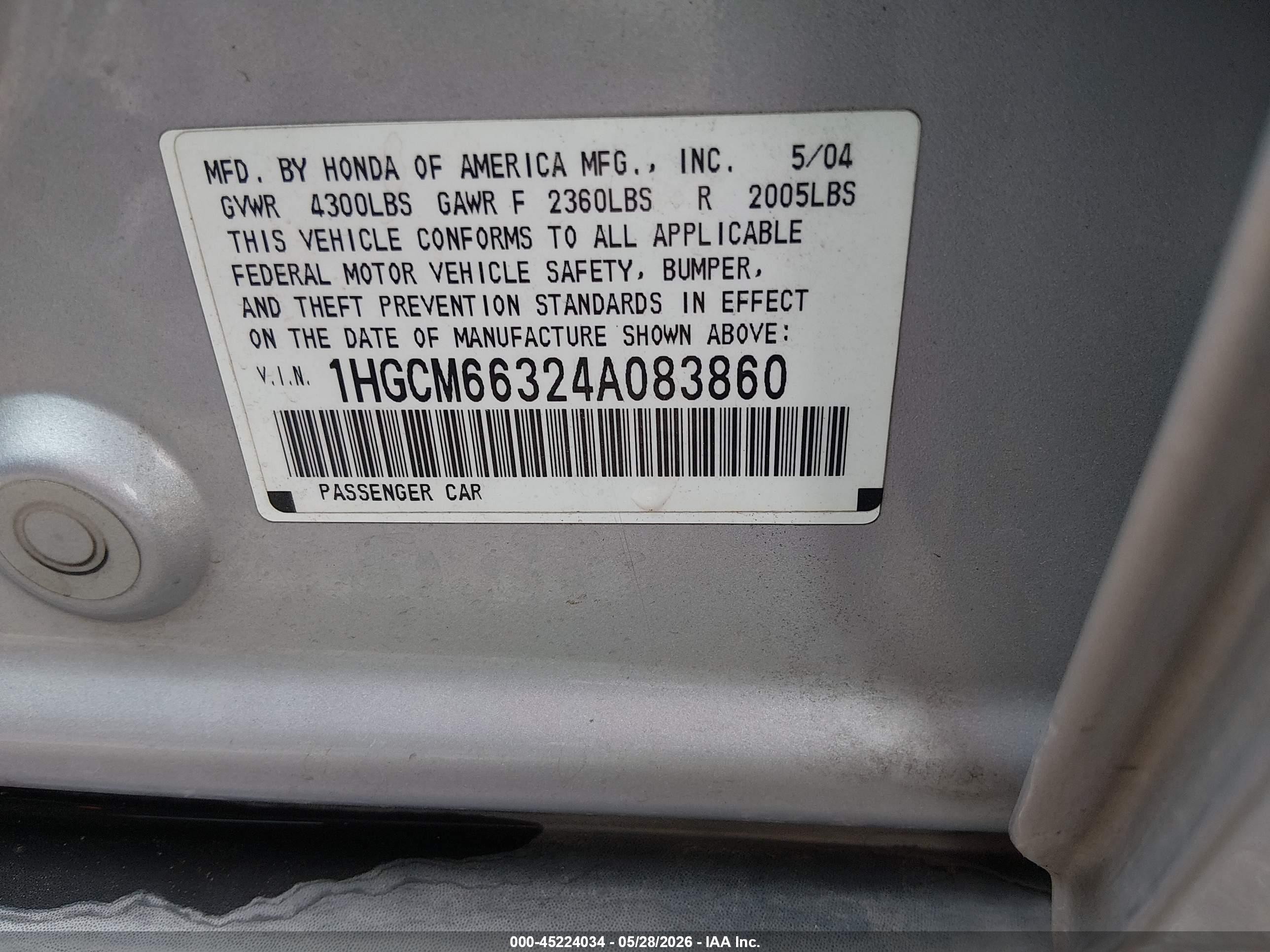 2004 Honda Accord 3.0 Lx Silver vin: 1HGCM66324A083860