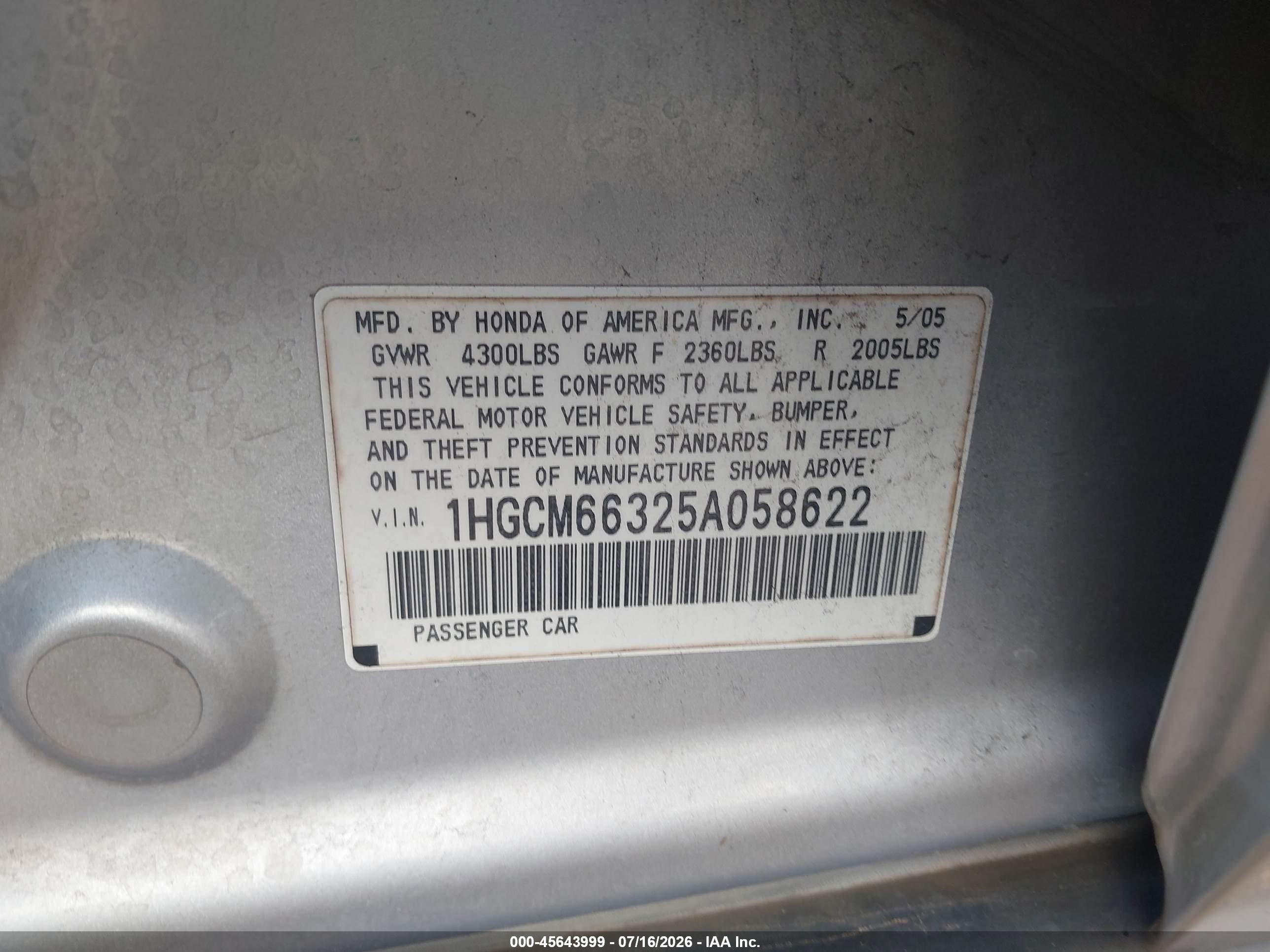 2005 Honda Accord 3.0 Lx Серебряный vin: 1HGCM66325A058622