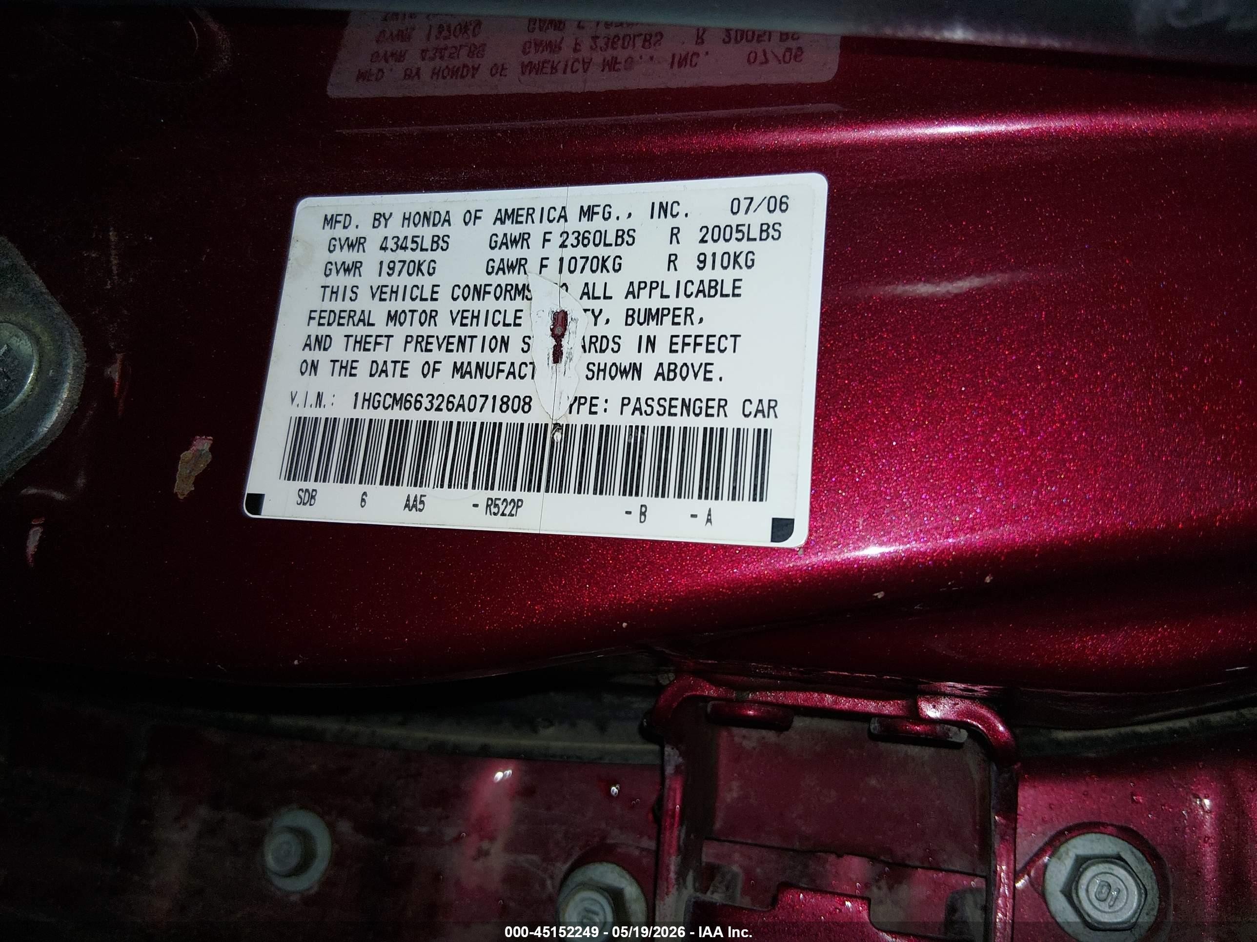 2006 Honda Accord 3.0 Lx Red vin: 1HGCM66326A071808