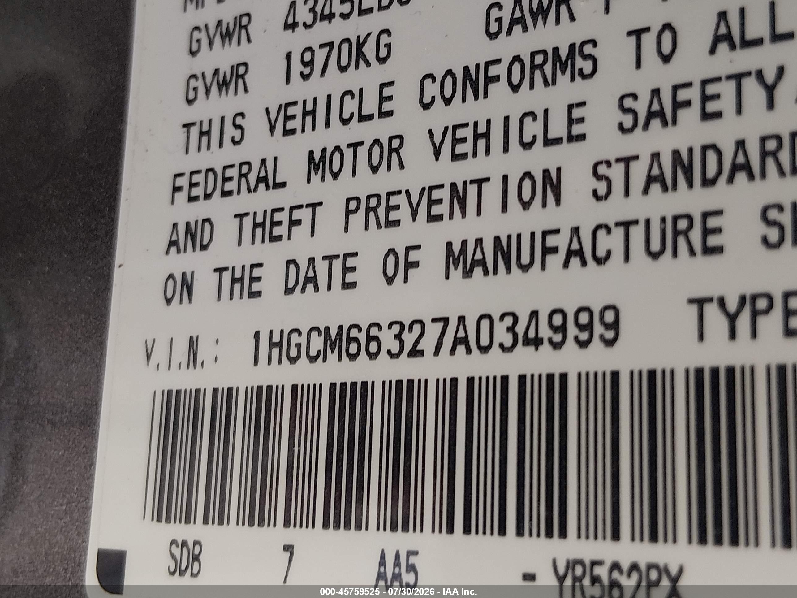 2007 Honda Accord 3.0 Lx Gray vin: 1HGCM66327A034999