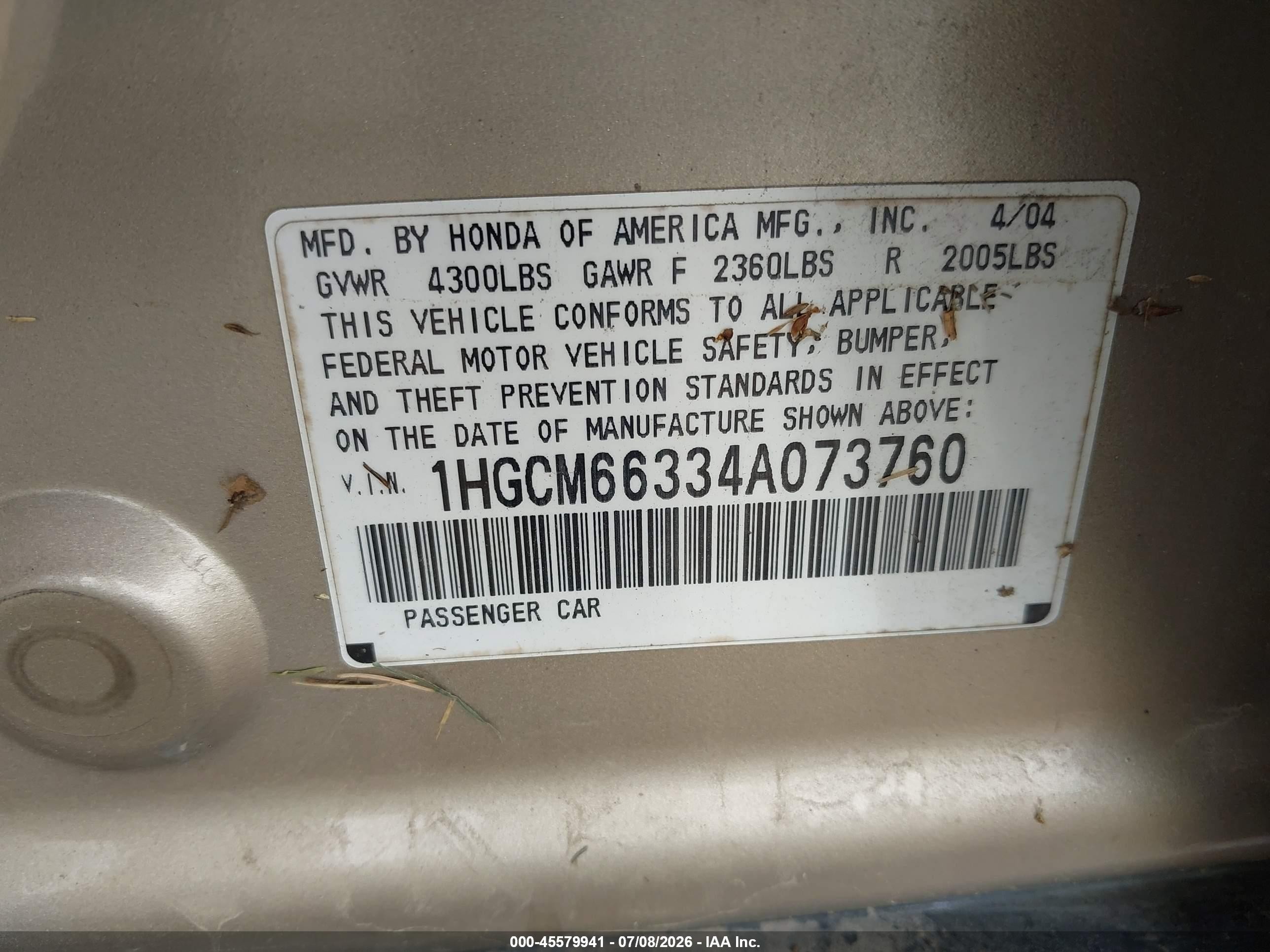 2004 Honda Accord 3.0 Lx Gold vin: 1HGCM66334A073760