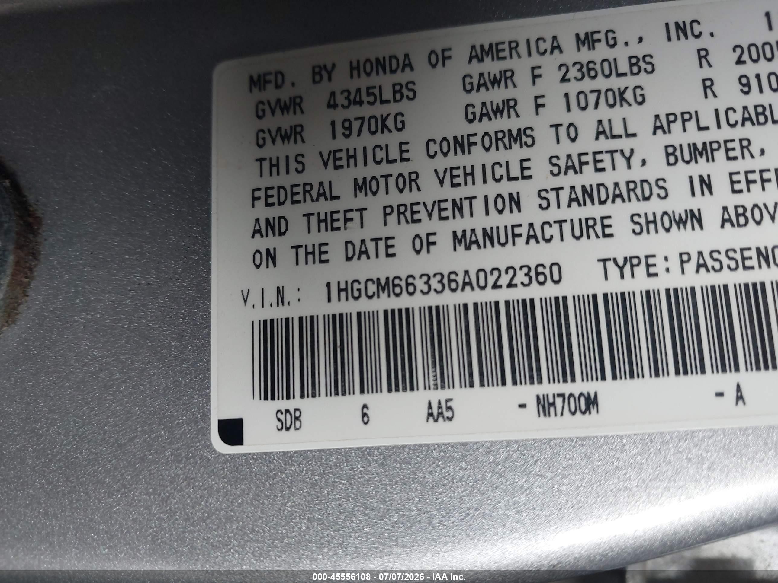 2006 Honda Accord 3.0 Lx Серебряный vin: 1HGCM66336A022360