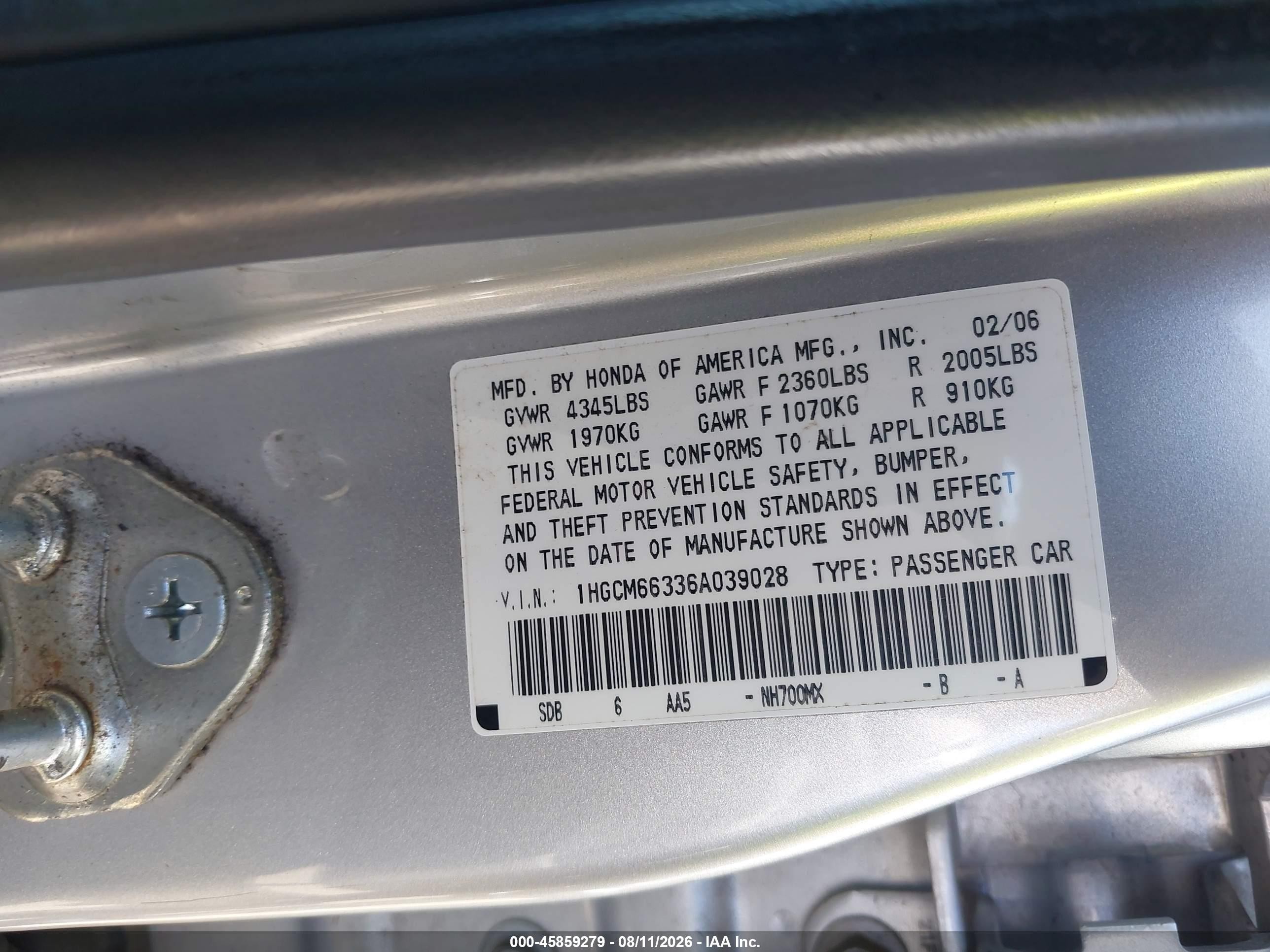 2006 Honda Accord 3.0 Lx Серебряный vin: 1HGCM66336A039028