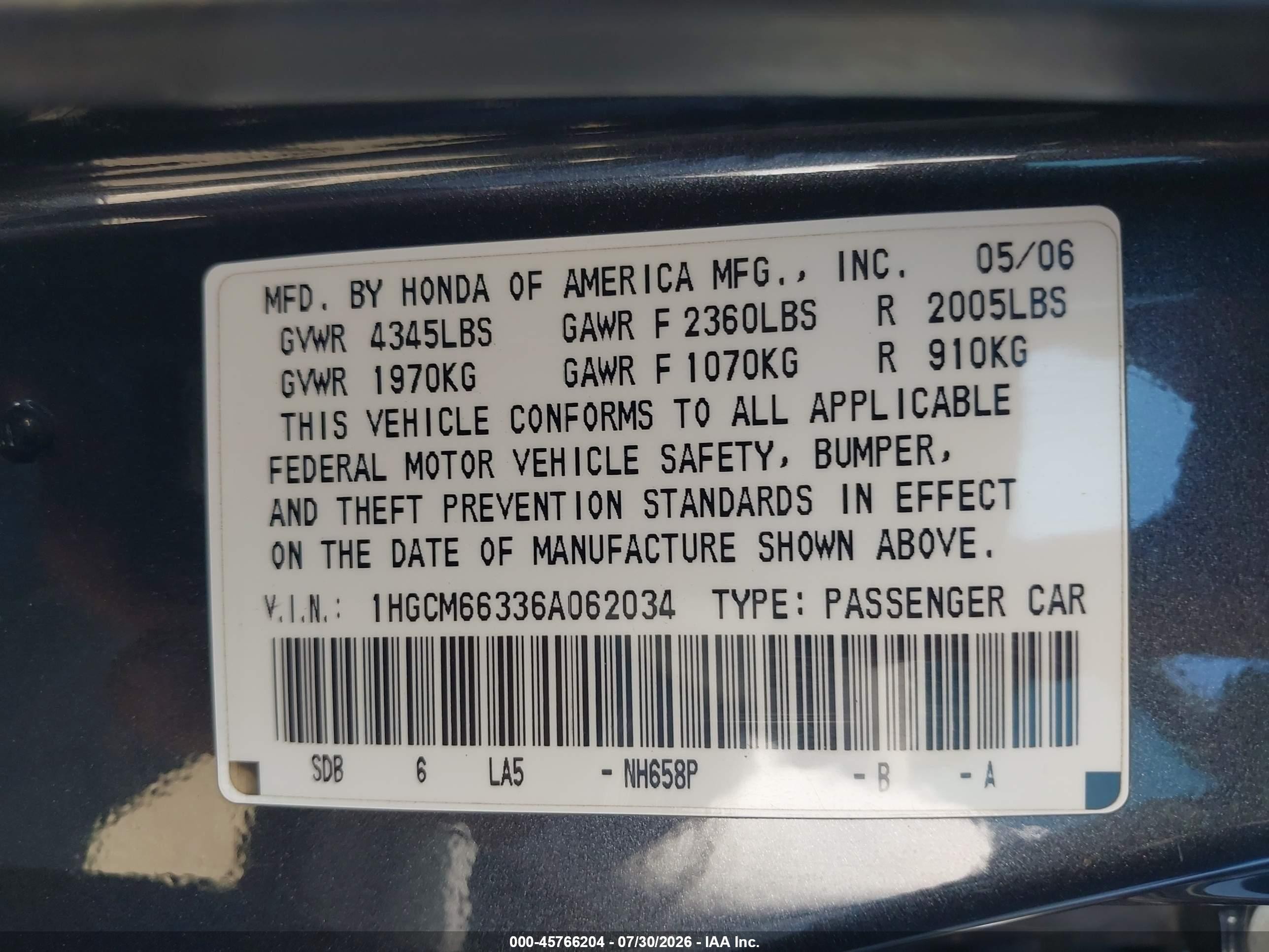 2006 Honda Accord 3.0 Lx Gray vin: 1HGCM66336A062034
