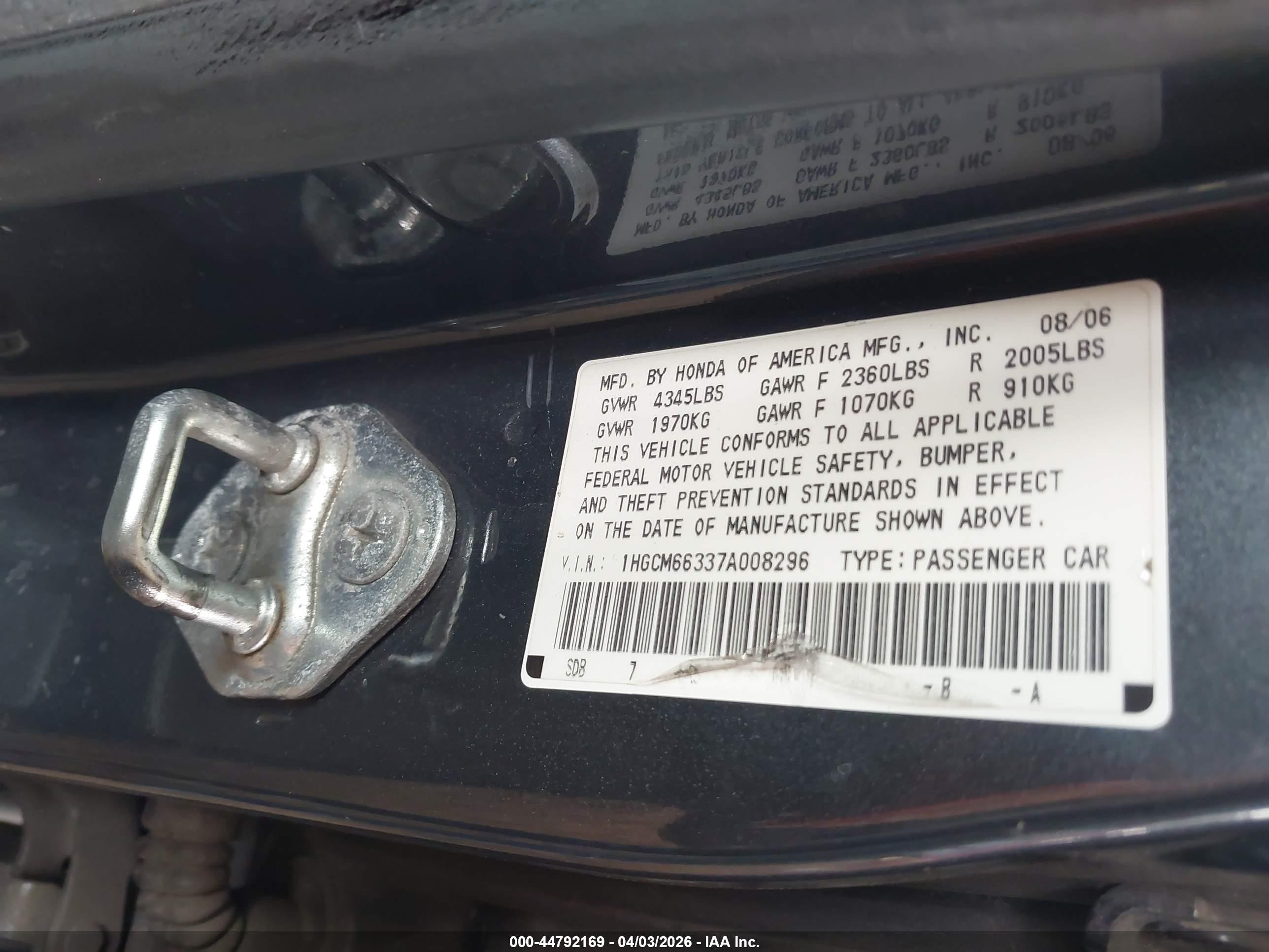 2007 Honda Accord 3.0 Lx Black vin: 1HGCM66337A008296