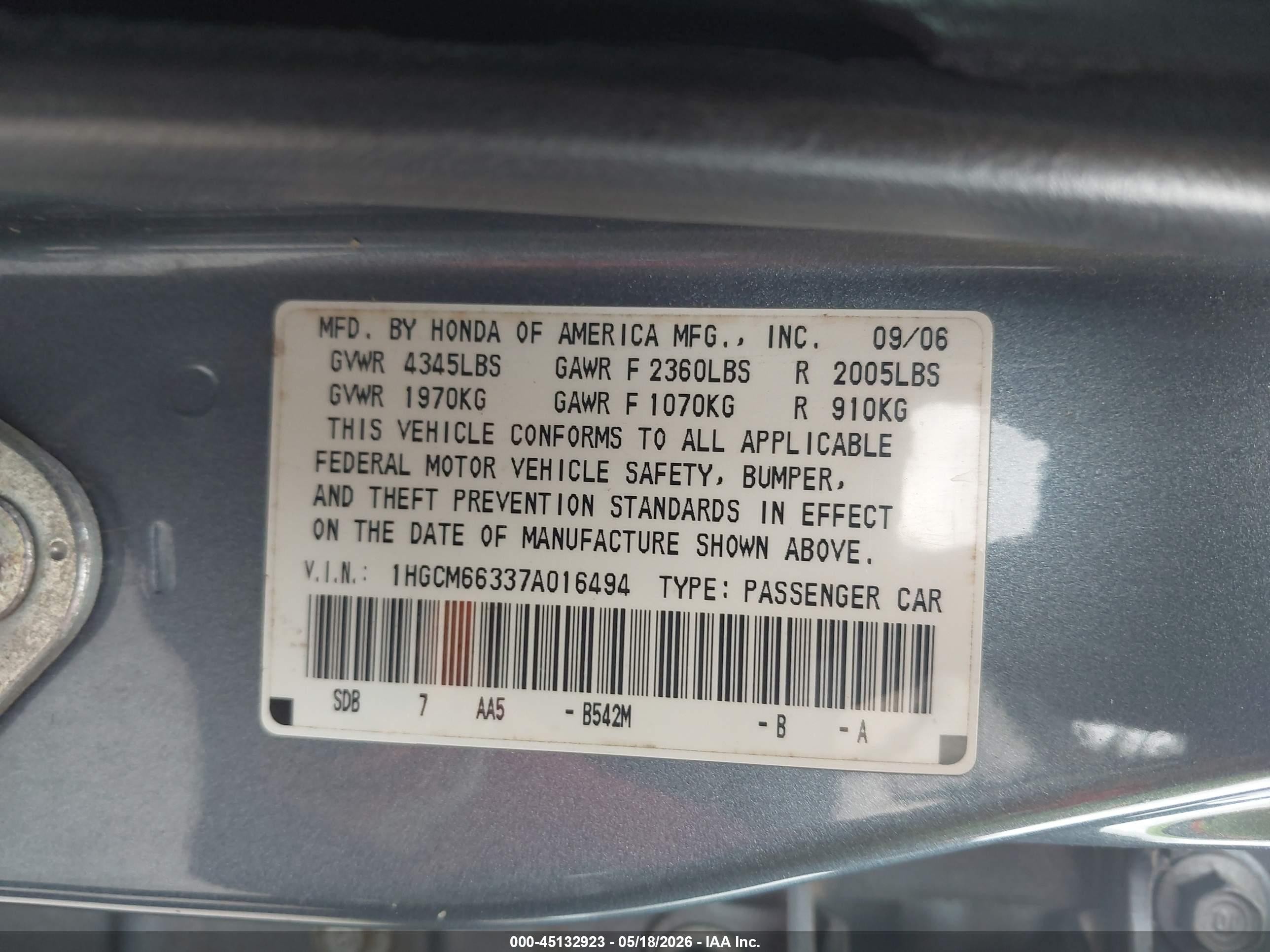 2007 Honda Accord 3.0 Lx Silver vin: 1HGCM66337A016494