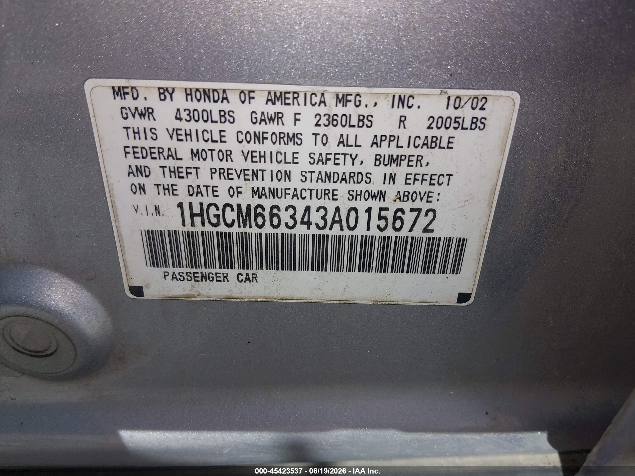 2003 Honda Accord 3.0 Lx Silver vin: 1HGCM66343A015672