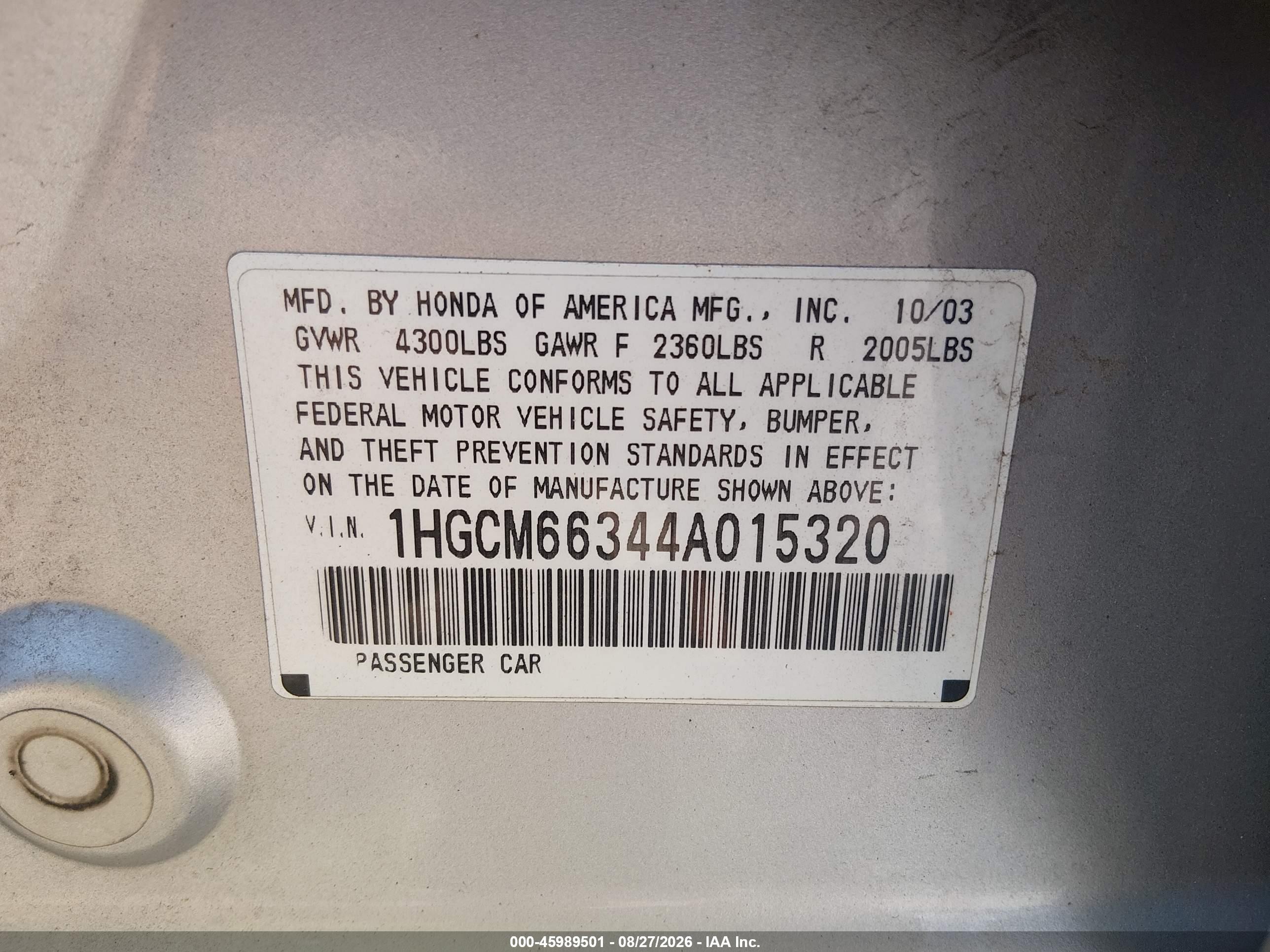 2004 Honda Accord 3.0 Lx Silver vin: 1HGCM66344A015320