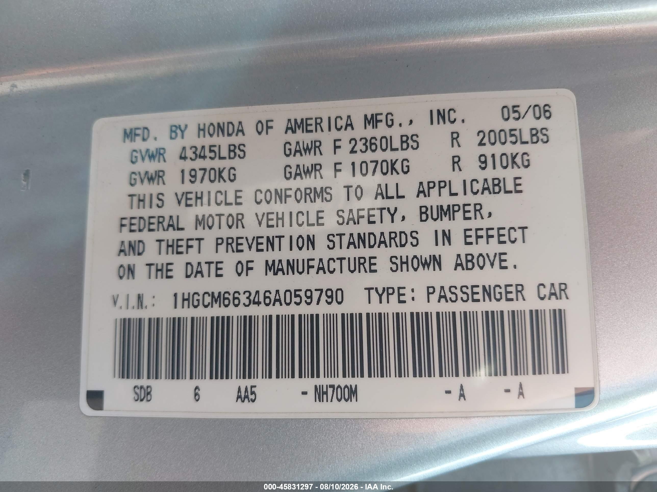 2006 Honda Accord 3.0 Lx Silver vin: 1HGCM66346A059790