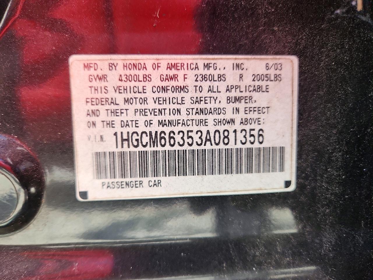 2003 Honda Accord Lx Black vin: 1HGCM66353A081356
