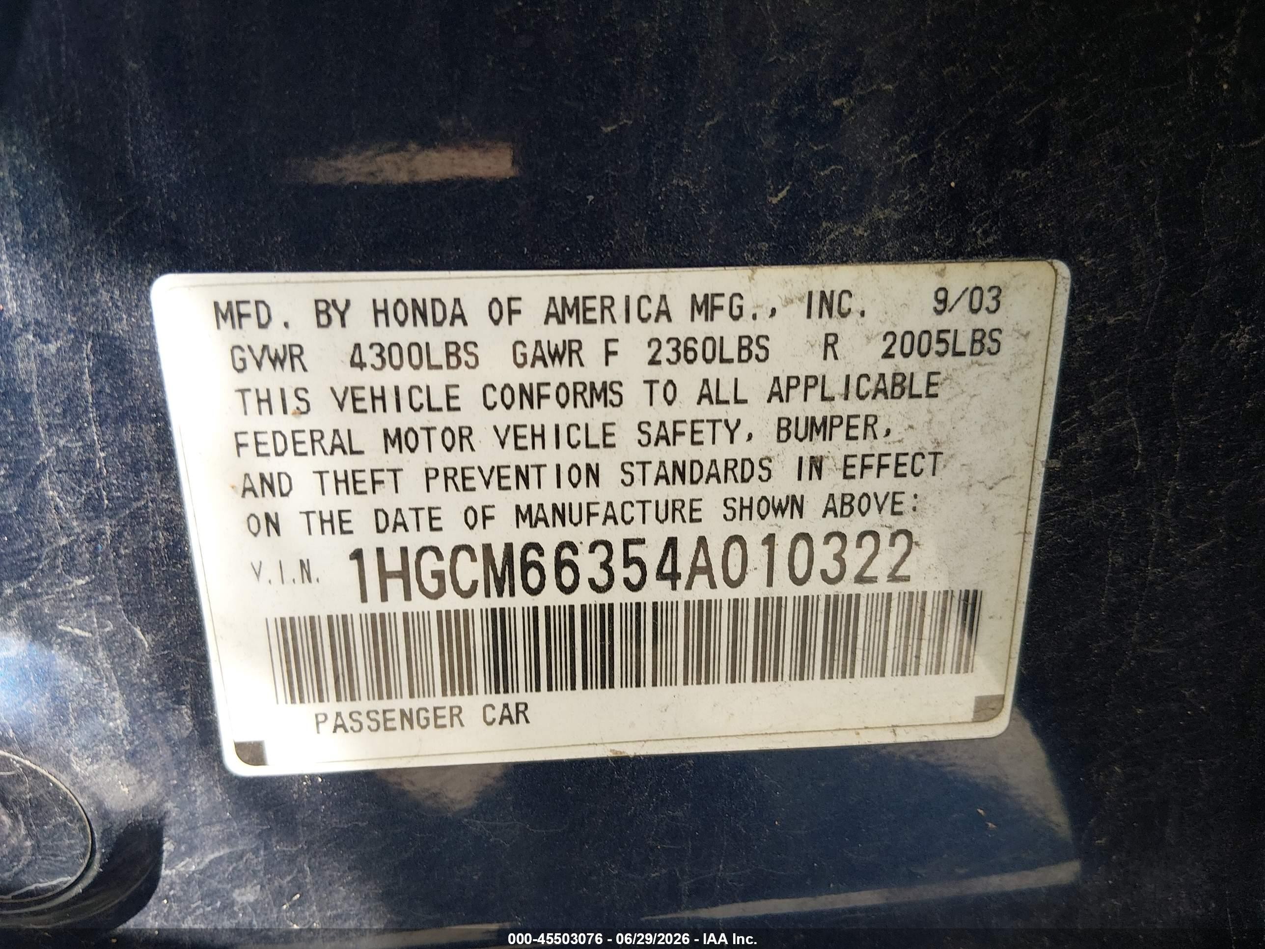 2004 Honda Accord 3.0 Lx Blue vin: 1HGCM66354A010322