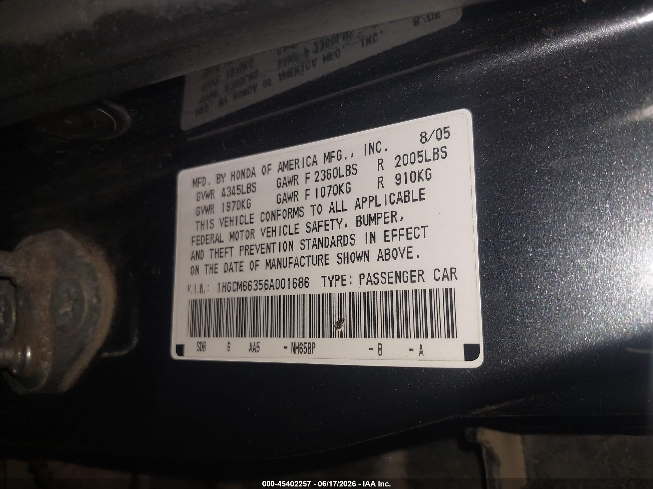 2006 Honda Accord 3.0 Lx Gray vin: 1HGCM66356A001686