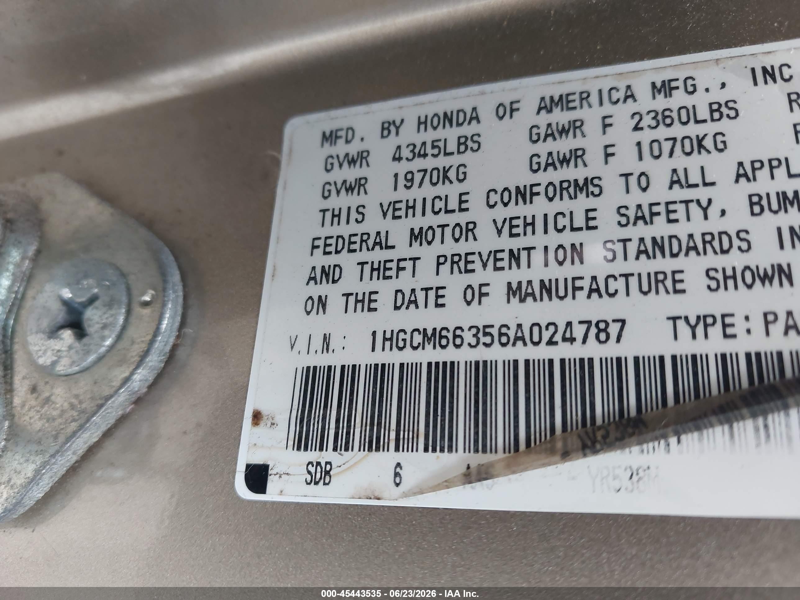 2006 Honda Accord 3.0 Lx Gold vin: 1HGCM66356A024787