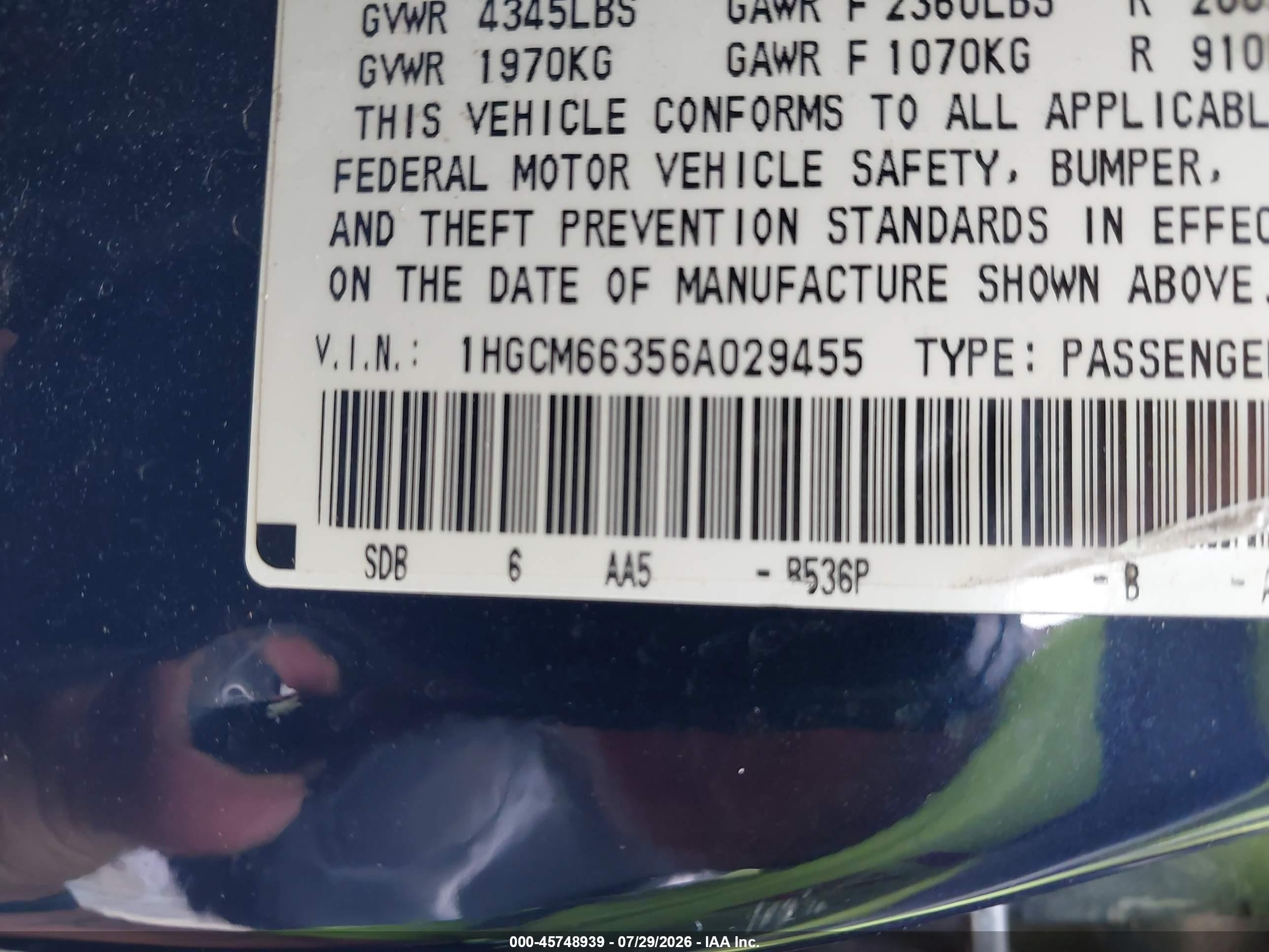 2006 Honda Accord 3.0 Lx Синий vin: 1HGCM66356A029455