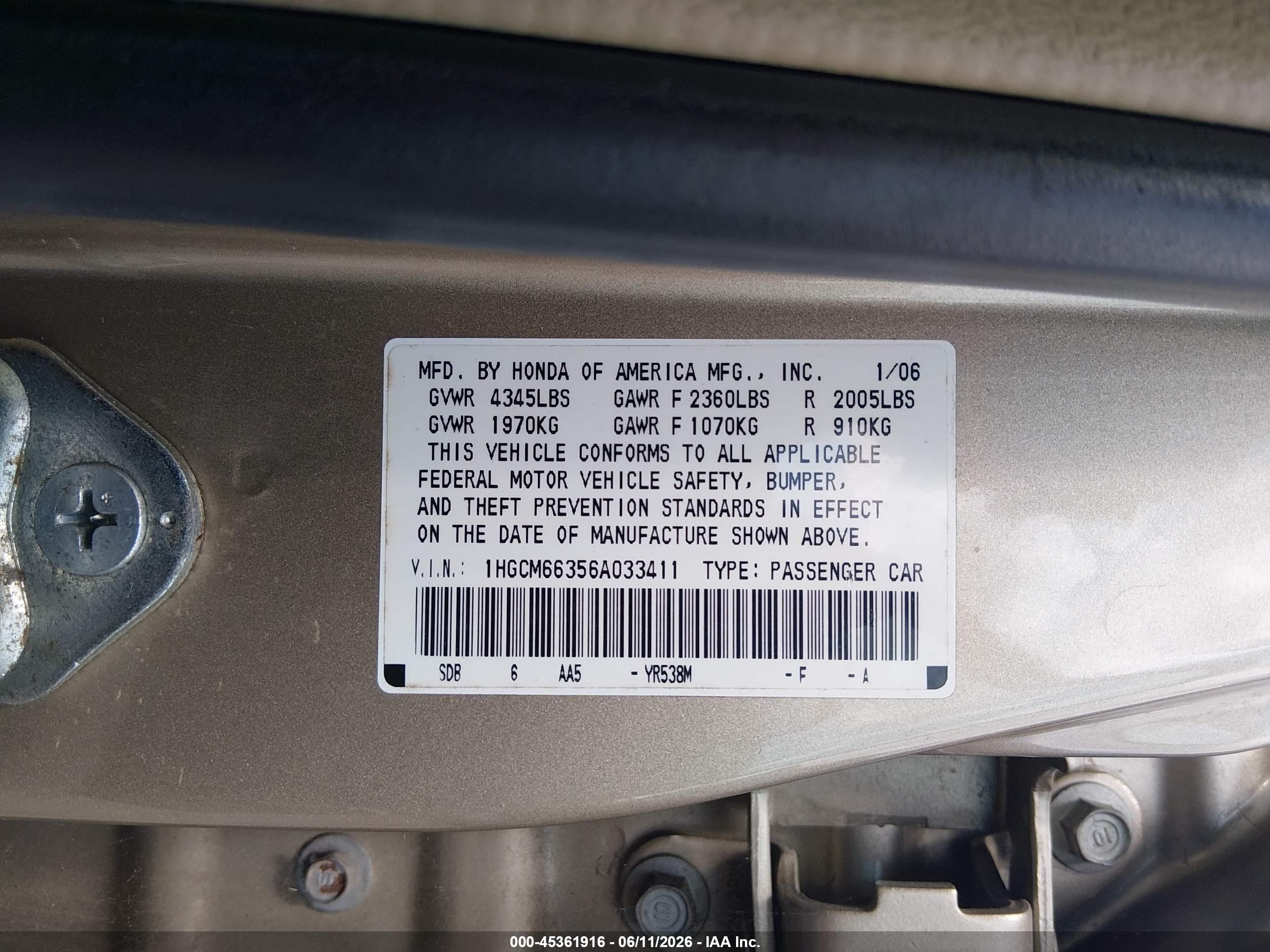 2006 Honda Accord 3.0 Lx Champagne vin: 1HGCM66356A033411