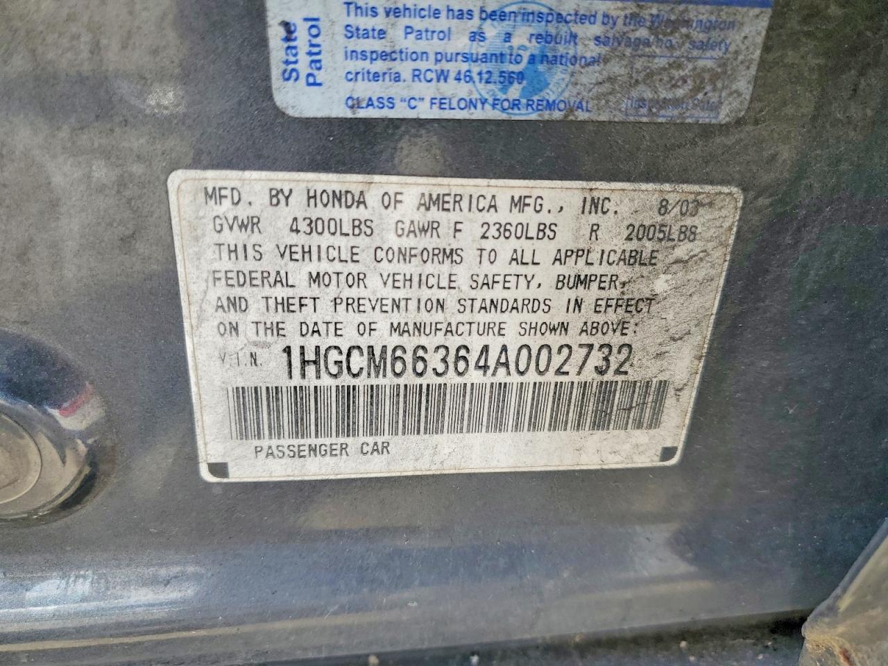 2004 Honda Accord Lx Gray vin: 1HGCM66364A002732