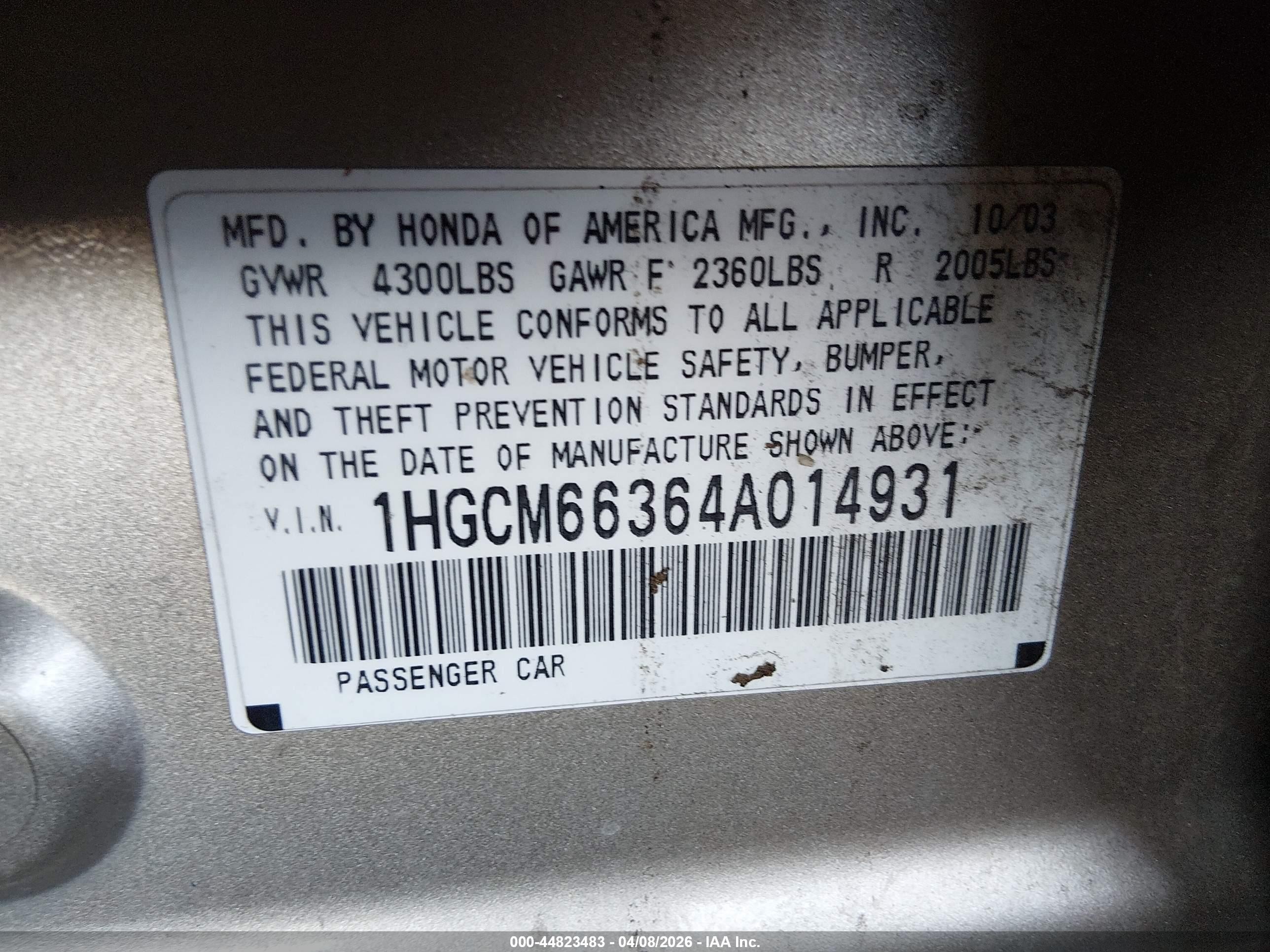 2004 Honda Accord 3.0 Lx Gold vin: 1HGCM66364A014931