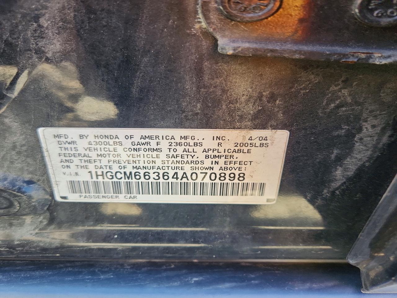 2004 Honda Accord Lx Black vin: 1HGCM66364A070898