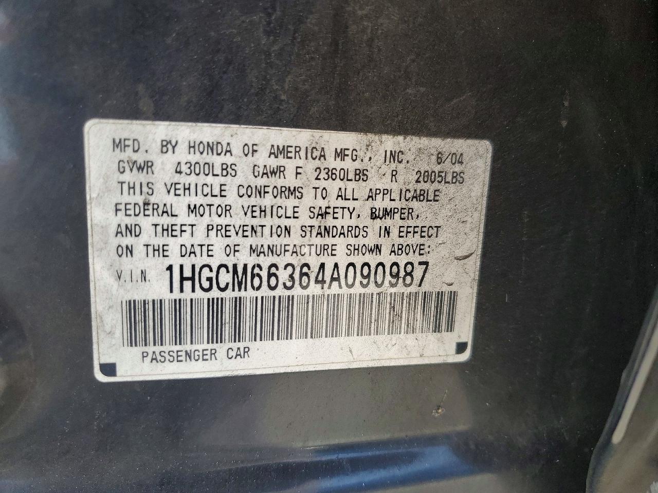 2004 Honda Accord Lx Black vin: 1HGCM66364A090987
