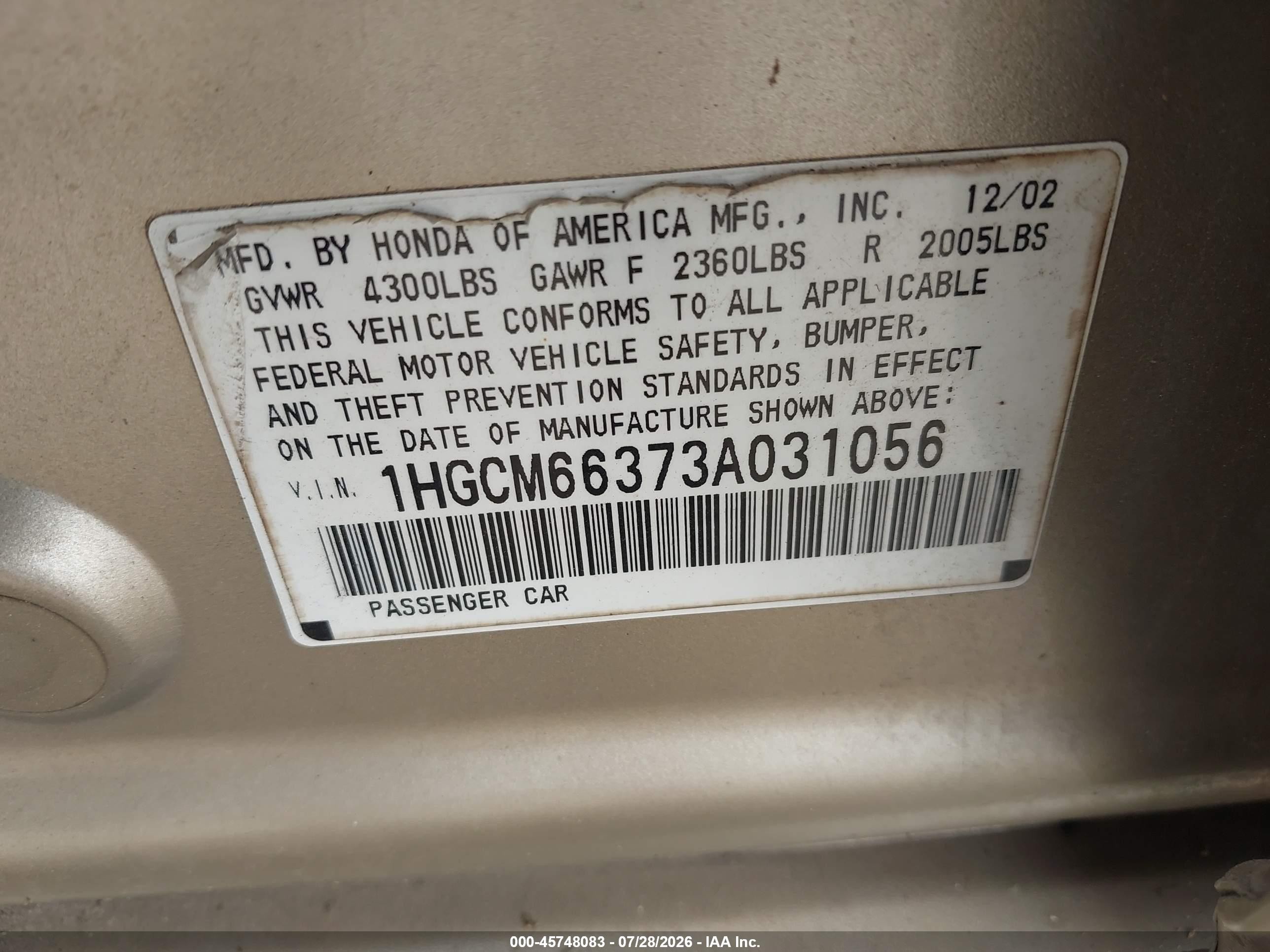 2003 Honda Accord 3.0 Lx Cream vin: 1HGCM66373A031056