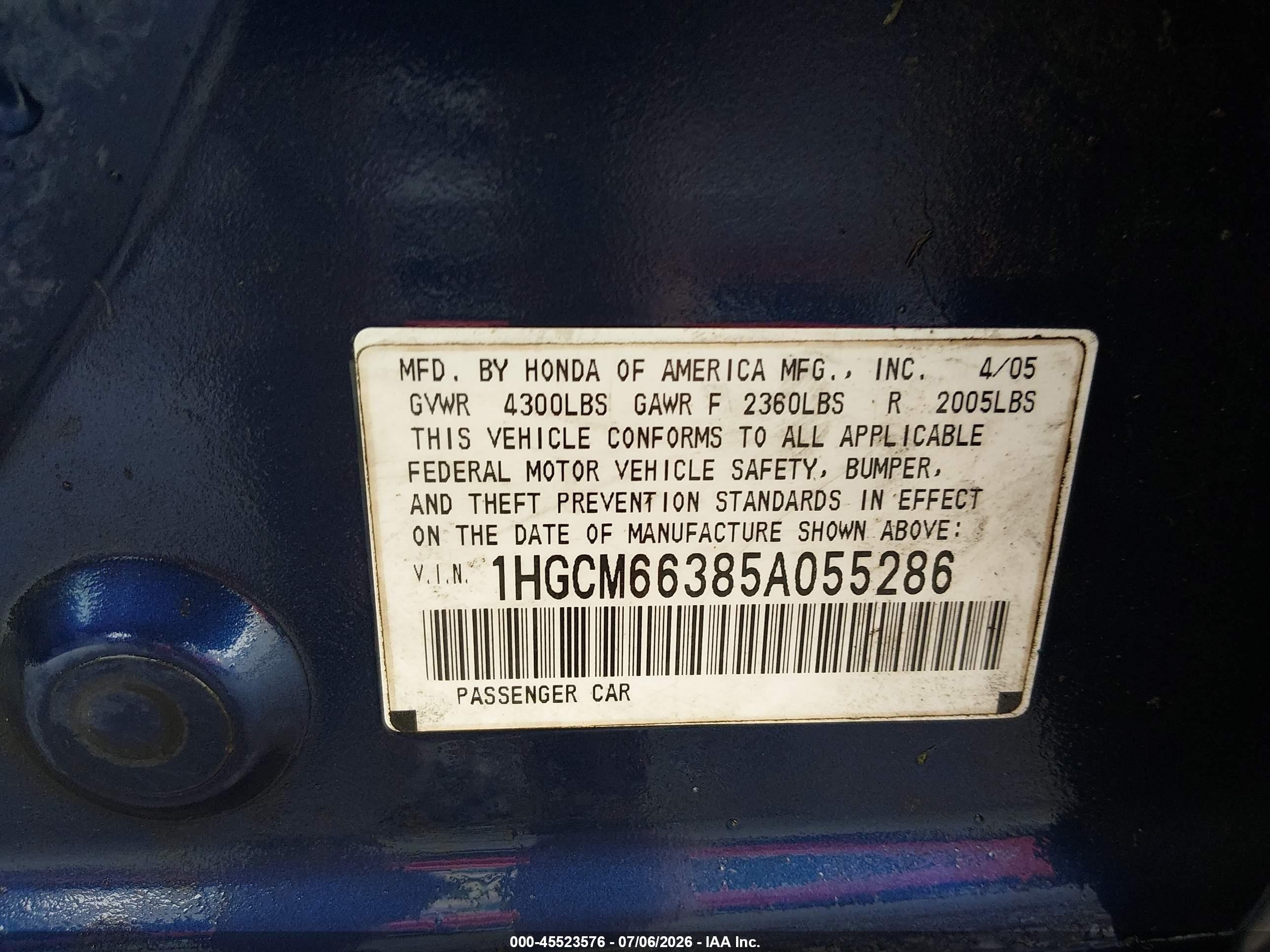 2005 Honda Accord 3.0 Lx Blue vin: 1HGCM66385A055286